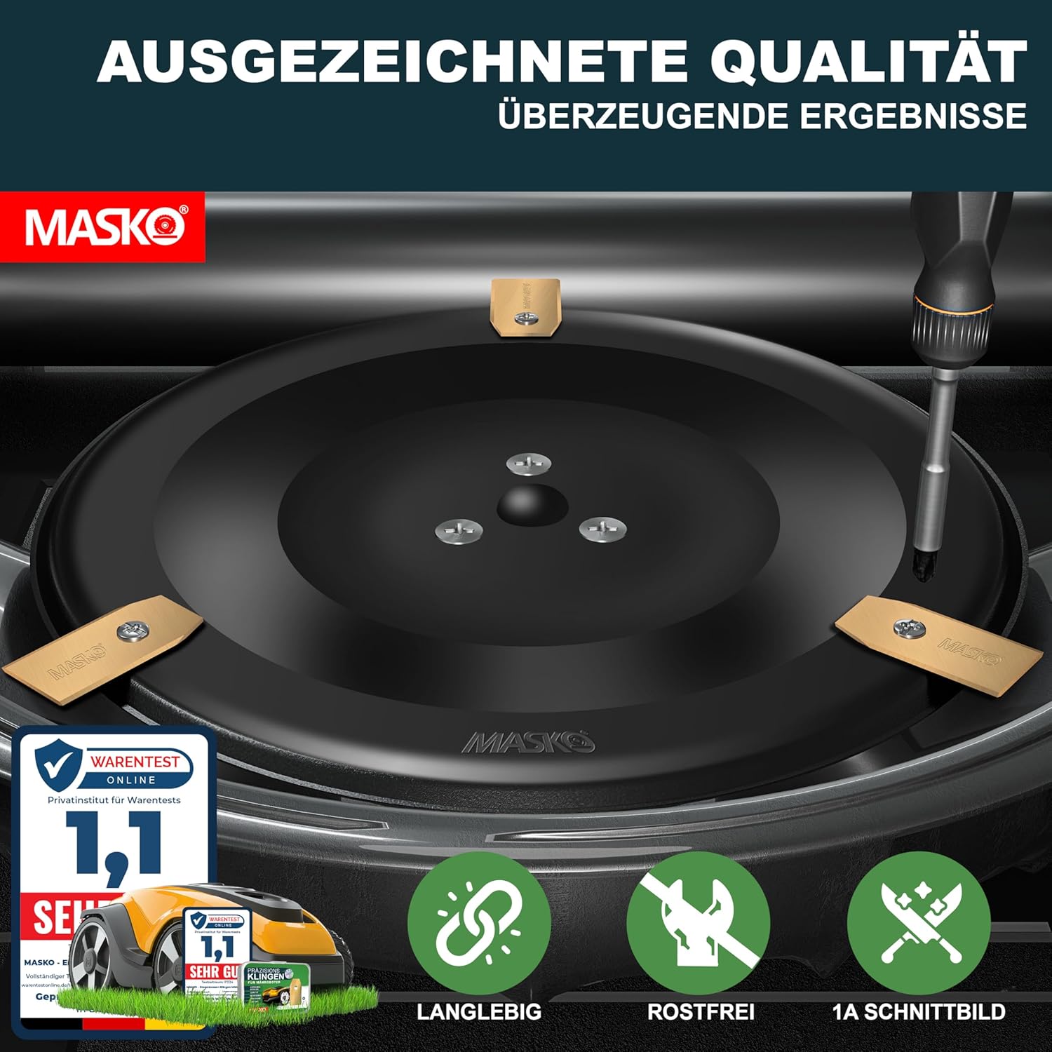 MASKO® Ersatzmesser Klingen für Mähroboter | Rasenmäher Messer universal inkl. innovativen Schrauben | Ersatzklingen Rasenroboter langlebig Titan-Beschichtung Kompatibel mit Gardena/Husqvarna 36 Stück — Ansicht 6