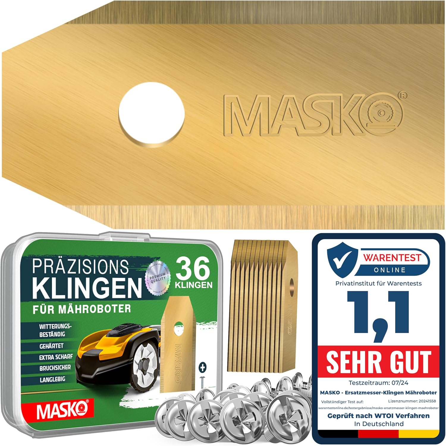 MASKO® Ersatzmesser Klingen für Mähroboter | Rasenmäher Messer universal inkl. innovativen Schrauben | Ersatzklingen Rasenroboter langlebig Titan-Beschichtung Kompatibel mit Gardena/Husqvarna 36 Stück