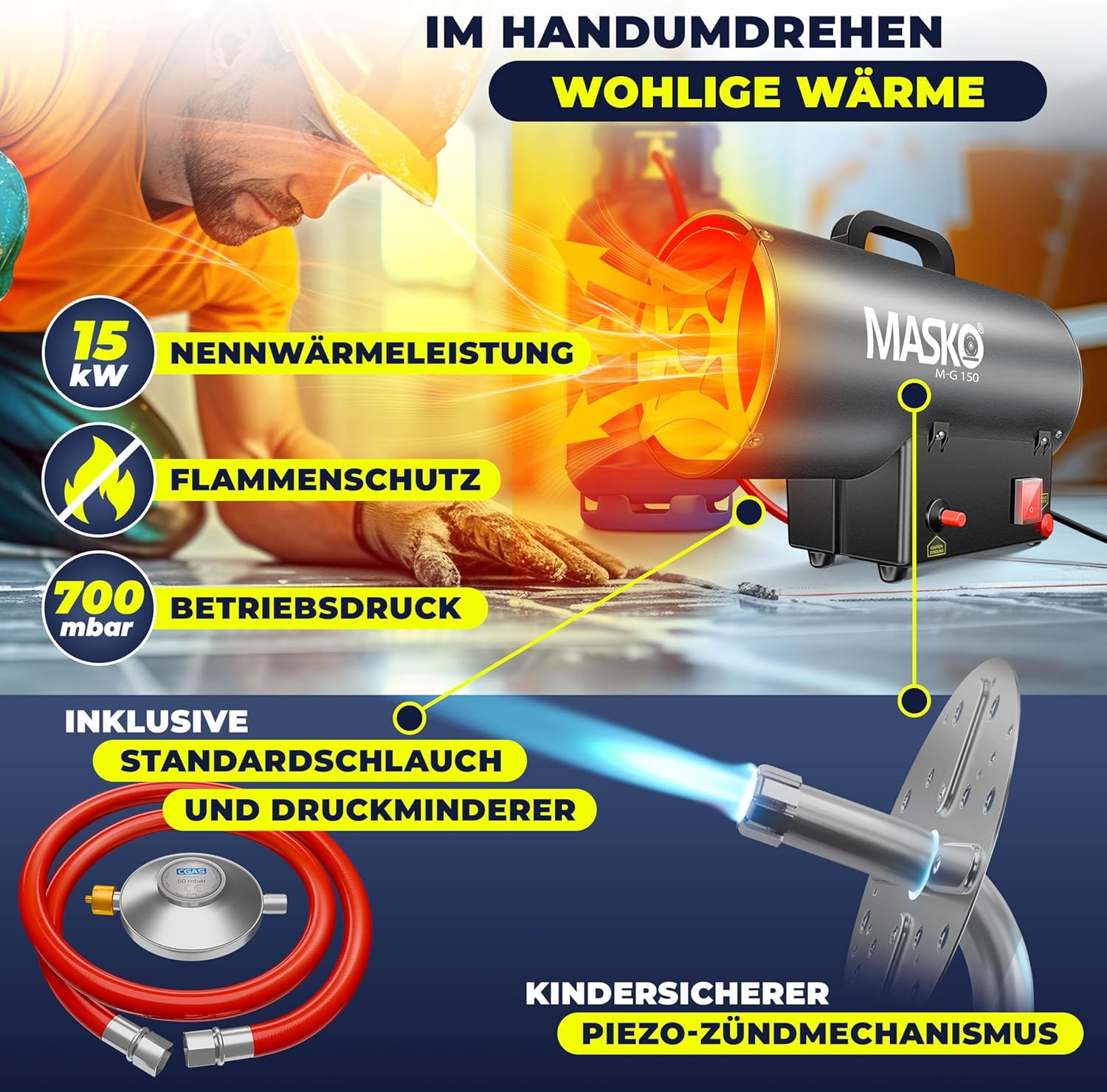 Masko® Gasheizgebläse Gasheizer Heizkanone Gasheizstrahler 15 KW Bauheizer Gas Heizgerät heizstrahler Heißluftgenerator inkl. Gasschlauch & Druckminderer Heizgebläse für handelsübliche Gasflaschen — Ansicht 2