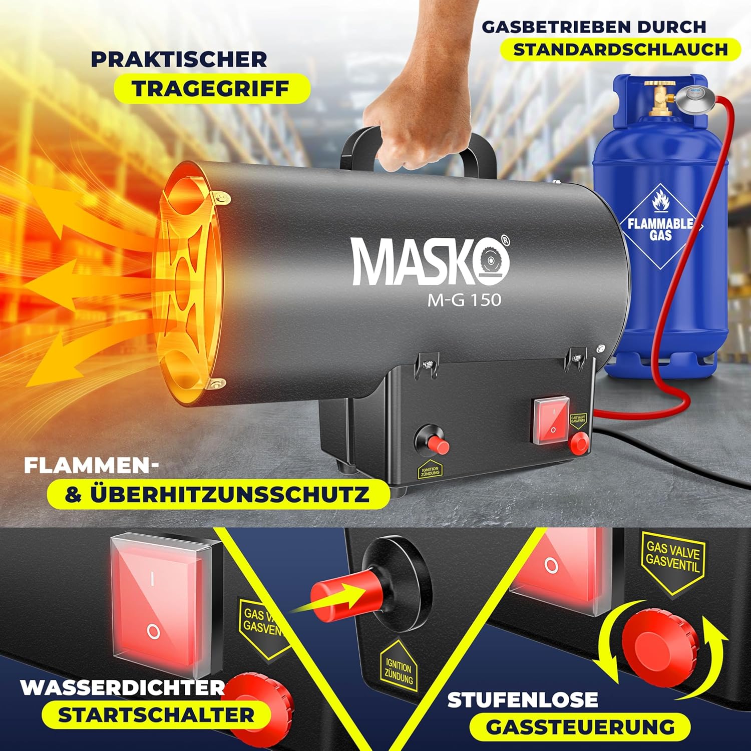 Masko® Gasheizgebläse Gasheizer Heizkanone Gasheizstrahler 15 KW Bauheizer Gas Heizgerät heizstrahler Heißluftgenerator inkl. Gasschlauch & Druckminderer Heizgebläse für handelsübliche Gasflaschen — Ansicht 3