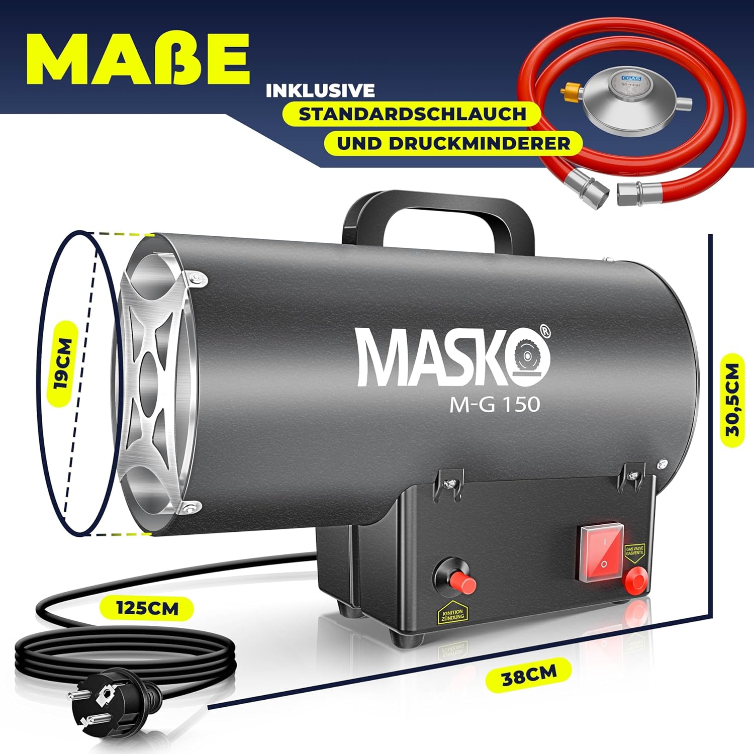 Masko® Gasheizgebläse Gasheizer Heizkanone Gasheizstrahler 15 KW Bauheizer Gas Heizgerät heizstrahler Heißluftgenerator inkl. Gasschlauch & Druckminderer Heizgebläse für handelsübliche Gasflaschen — Ansicht 6