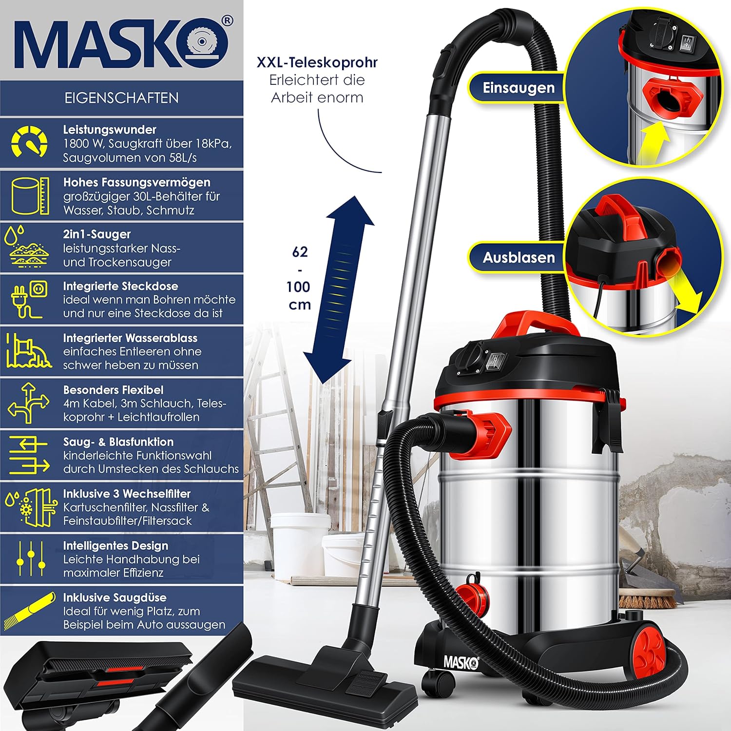 MASKO® Industriestaubsauger, Nass Trockensauger HEPA, 3 in 1 Filtersystem, 58 l/s Werkstattsauger mit Steckdose, 1800W, 30L, Industriesauger mit & ohne Beutel, Filter + Aufsätze, Push&Clean, Rot — Ansicht 2