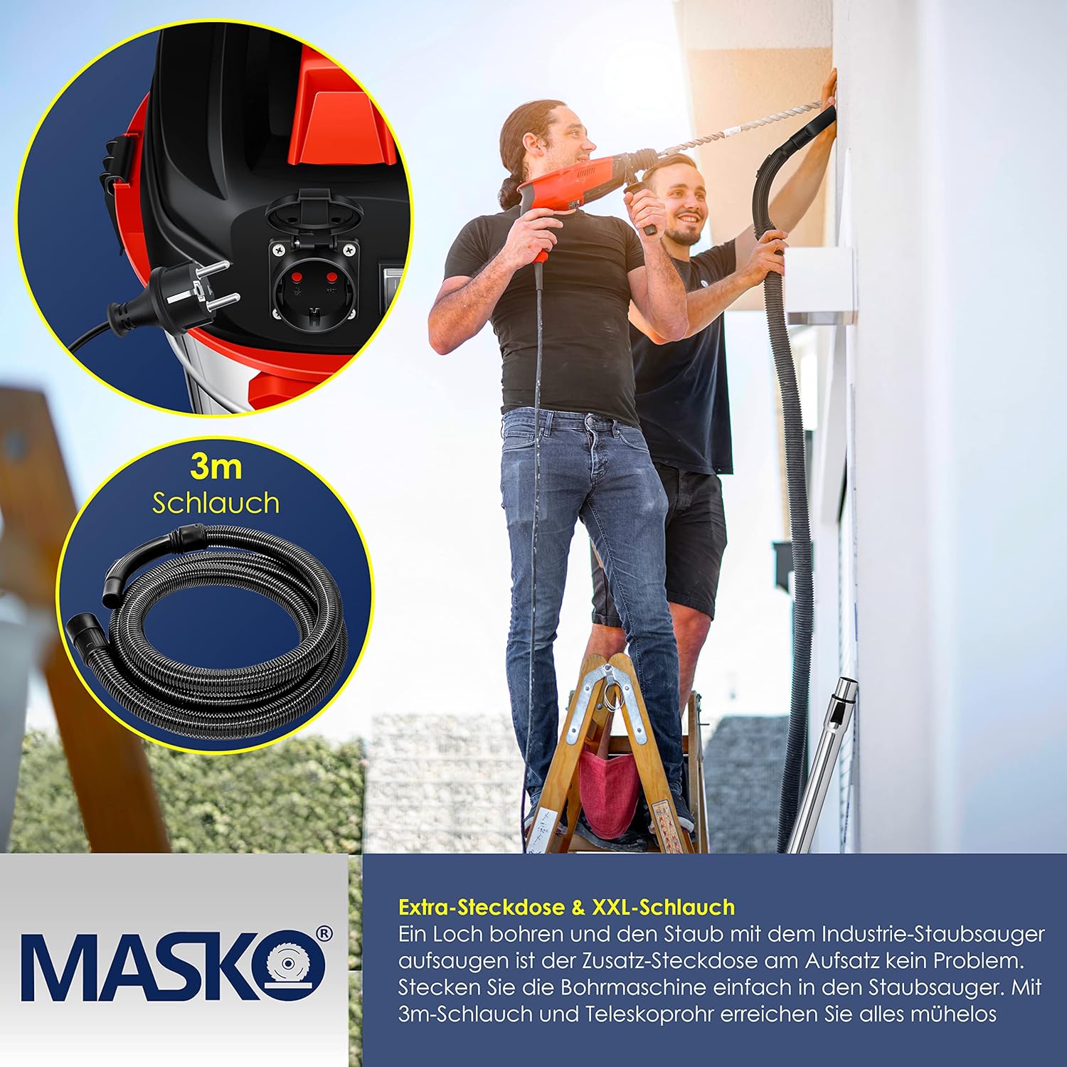 MASKO® Industriestaubsauger, Nass Trockensauger HEPA, 3 in 1 Filtersystem, 58 l/s Werkstattsauger mit Steckdose, 1800W, 30L, Industriesauger mit & ohne Beutel, Filter + Aufsätze, Push&Clean, Rot — Ansicht 4