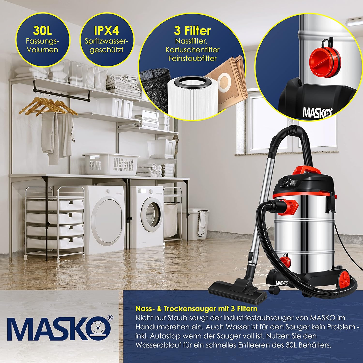 MASKO® Industriestaubsauger, Nass Trockensauger HEPA, 3 in 1 Filtersystem, 58 l/s Werkstattsauger mit Steckdose, 1800W, 30L, Industriesauger mit & ohne Beutel, Filter + Aufsätze, Push&Clean, Rot — Ansicht 5