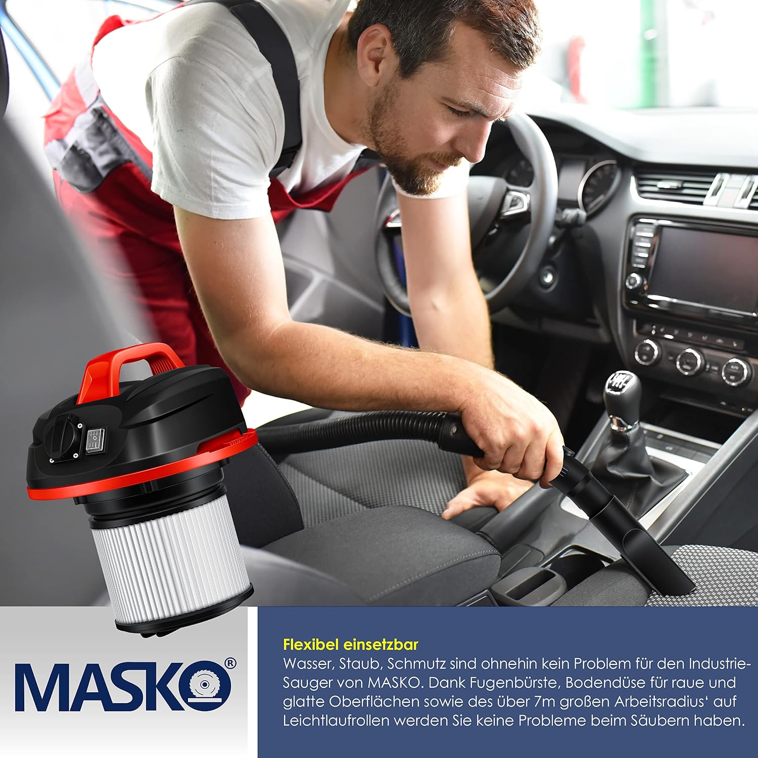 MASKO® Industriestaubsauger, Nass Trockensauger HEPA, 3 in 1 Filtersystem, 58 l/s Werkstattsauger mit Steckdose, 1800W, 30L, Industriesauger mit & ohne Beutel, Filter + Aufsätze, Push&Clean, Rot — Ansicht 6