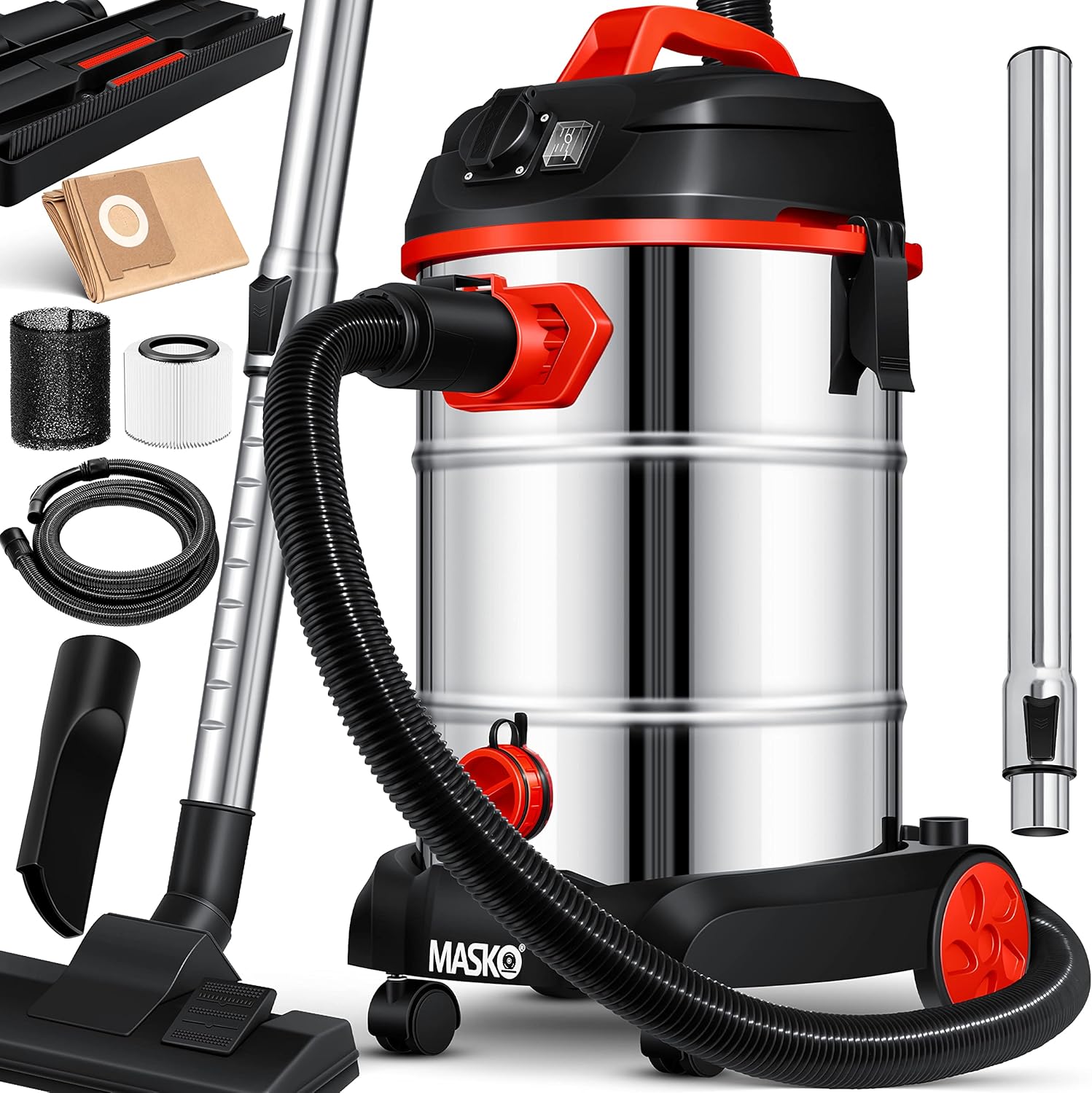 MASKO® Industriestaubsauger, Nass Trockensauger HEPA, 3 in 1 Filtersystem, 58 l/s Werkstattsauger mit Steckdose, 1800W, 30L, Industriesauger mit & ohne Beutel, Filter + Aufsätze, Push&Clean, Rot