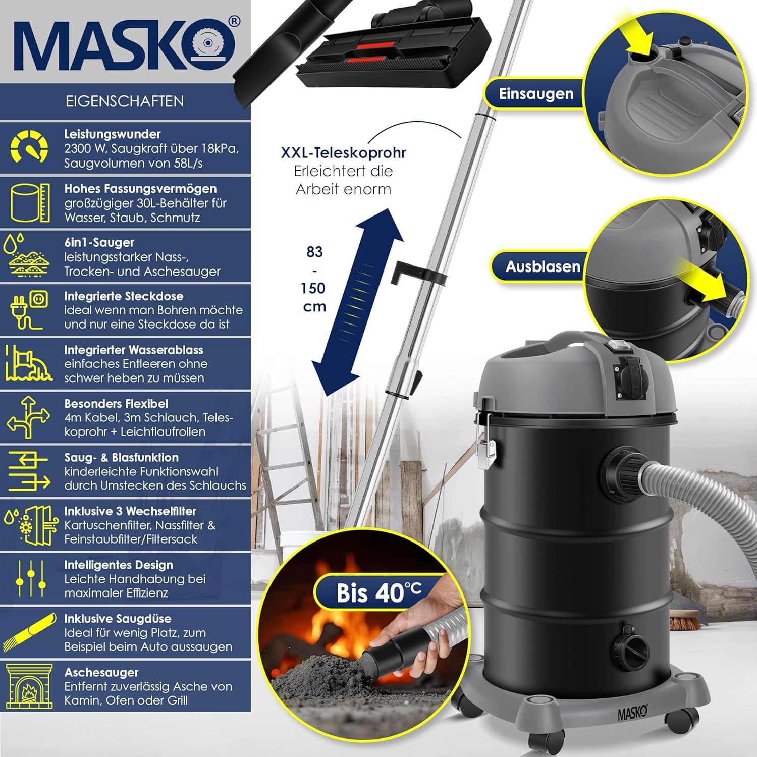 MASKO® Industriestaubsauger Staubsauger 6IN1 Nass & Trockensauger Aschesauger 2300W mit Steckdose & Blasfunktion | Trocken & Nass-Saugen | Industrie-Sauger mit Beutel & beutellos nutzbar, inkl. Filter — Ansicht 2
