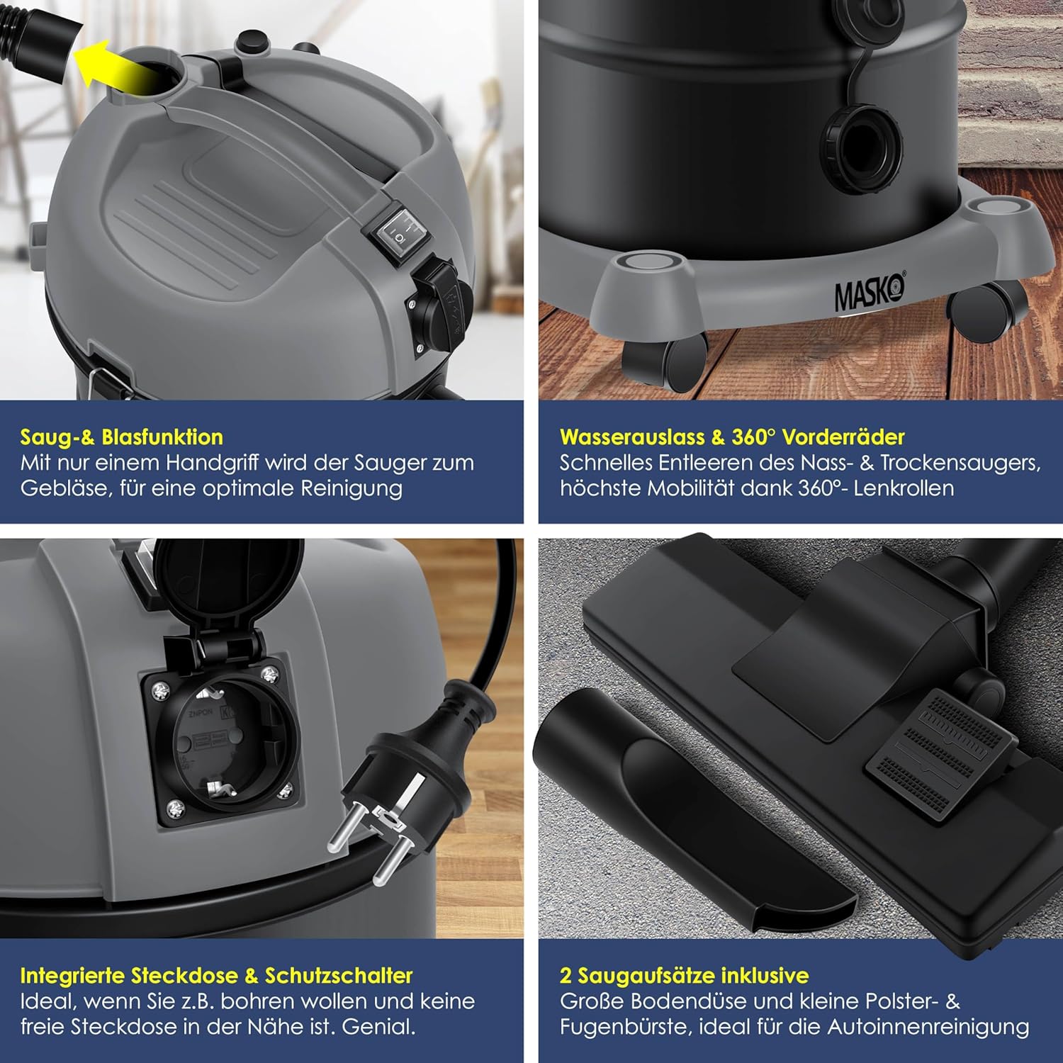 MASKO® Industriestaubsauger Staubsauger 6IN1 Nass & Trockensauger Aschesauger 2300W mit Steckdose & Blasfunktion | Trocken & Nass-Saugen | Industrie-Sauger mit Beutel & beutellos nutzbar, inkl. Filter — Ansicht 3
