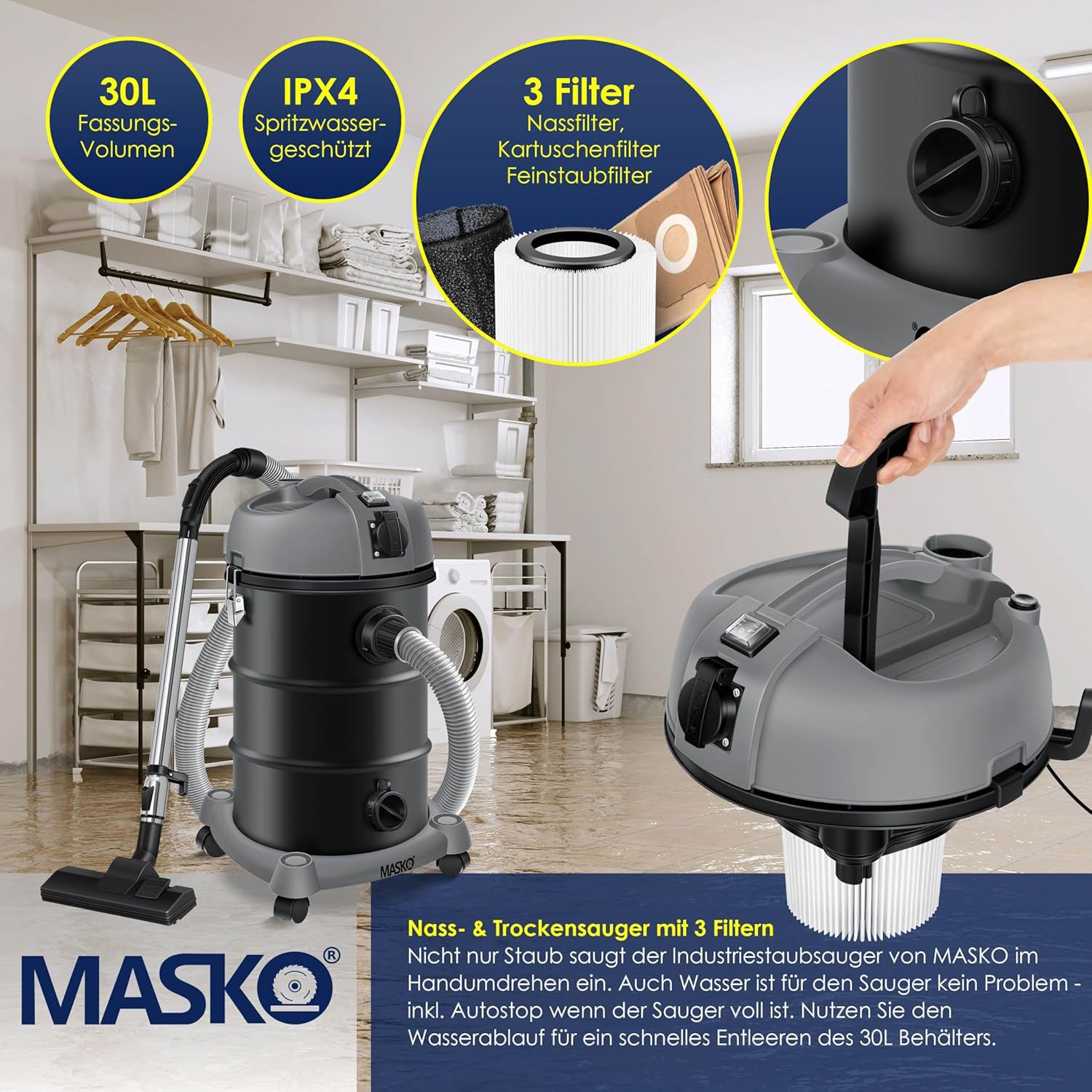 MASKO® Industriestaubsauger Staubsauger 6IN1 Nass & Trockensauger Aschesauger 2300W mit Steckdose & Blasfunktion | Trocken & Nass-Saugen | Industrie-Sauger mit Beutel & beutellos nutzbar, inkl. Filter — Ansicht 5