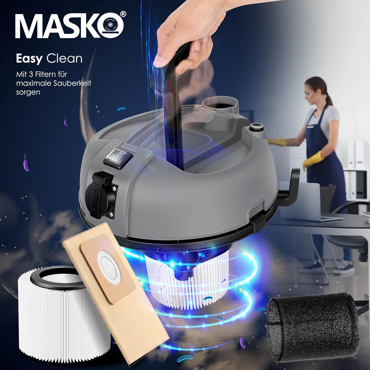 MASKO® Industriestaubsauger Staubsauger 6IN1 Nass & Trockensauger Aschesauger 2300W mit Steckdose & Blasfunktion | Trocken & Nass-Saugen | Industrie-Sauger mit Beutel & beutellos nutzbar, inkl. Filter — Ansicht 6