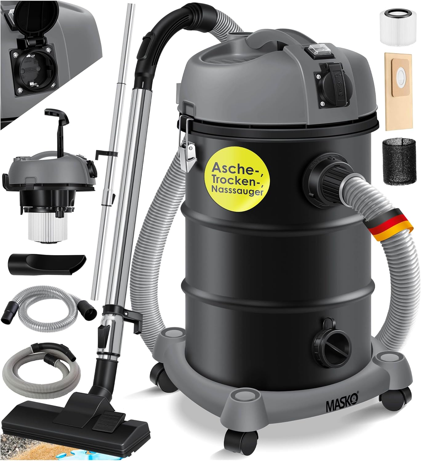 MASKO® Industriestaubsauger Staubsauger 6IN1 Nass & Trockensauger Aschesauger 2300W mit Steckdose & Blasfunktion | Trocken & Nass-Saugen | Industrie-Sauger mit Beutel & beutellos nutzbar, inkl. Filter