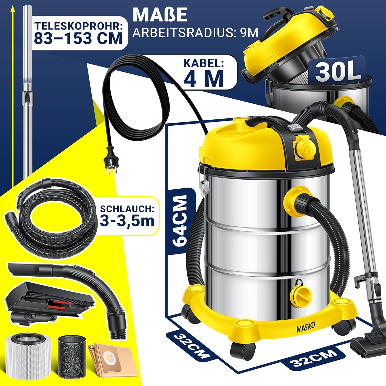 MASKO® Industriestaubsauger Staubsauger Nass Trocken Sauger Edelstahl 2300W + Steckdose, Blasfunktion, Saugschlauch & Nass-Saugen, Push&Clean, Industriesauger mit & ohne Beutel, Inkl Filter beutellos — Ansicht 2