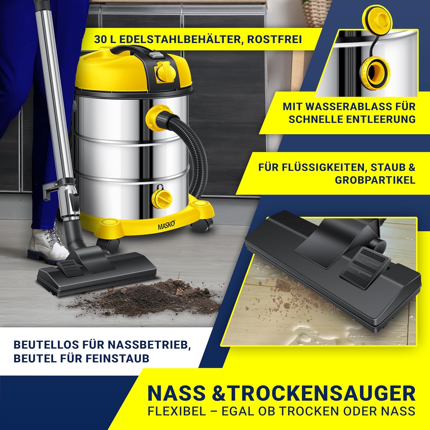 MASKO® Industriestaubsauger Staubsauger Nass Trocken Sauger Edelstahl 2300W + Steckdose, Blasfunktion, Saugschlauch & Nass-Saugen, Push&Clean, Industriesauger mit & ohne Beutel, Inkl Filter beutellos — Ansicht 3