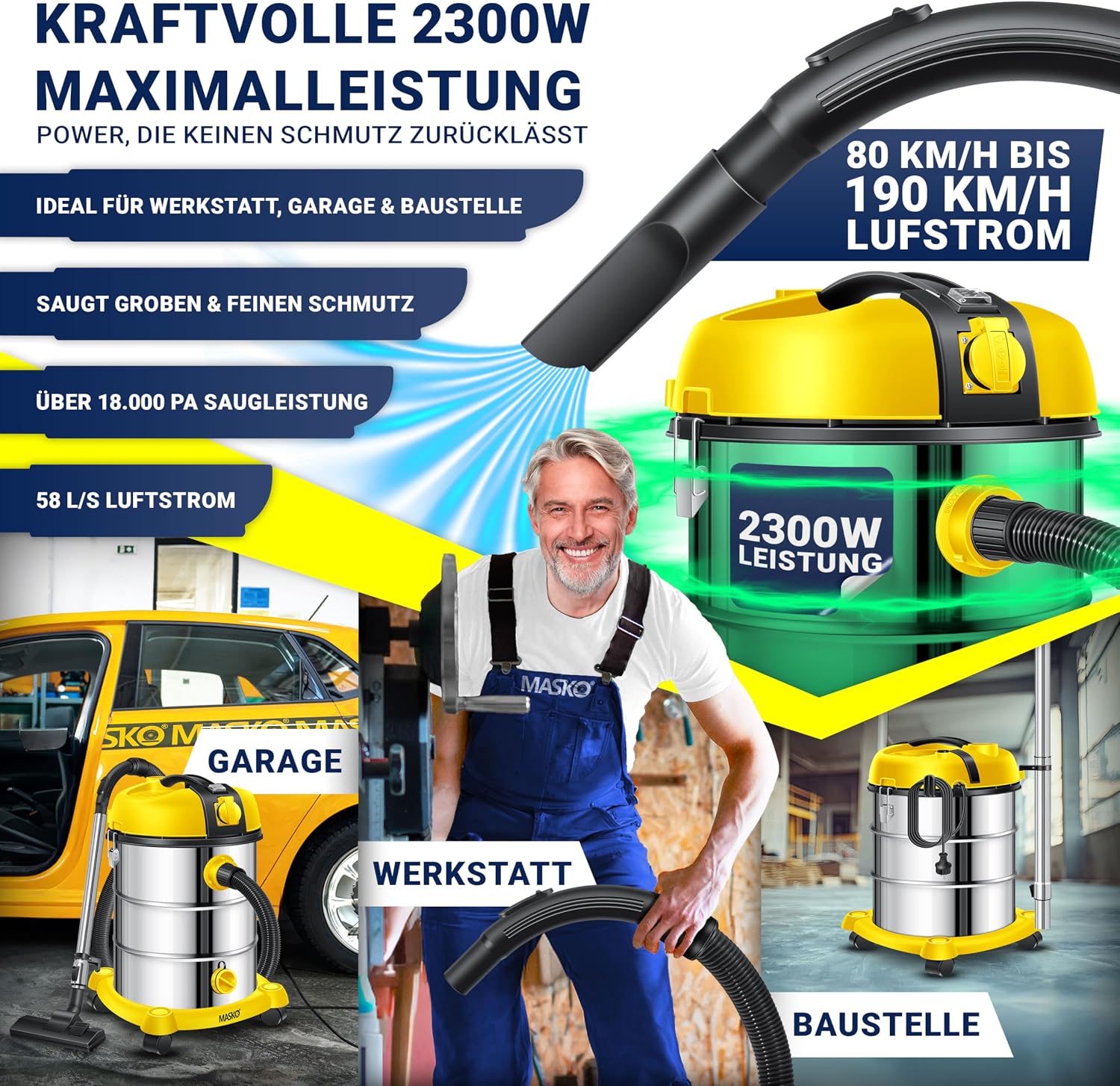 MASKO® Industriestaubsauger Staubsauger Nass Trocken Sauger Edelstahl 2300W + Steckdose, Blasfunktion, Saugschlauch & Nass-Saugen, Push&Clean, Industriesauger mit & ohne Beutel, Inkl Filter beutellos — Ansicht 4