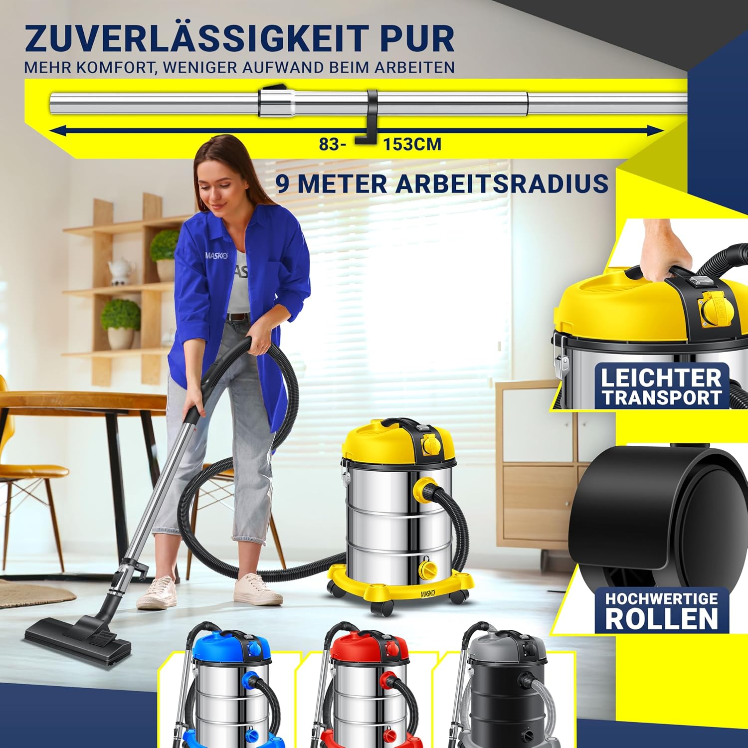 MASKO® Industriestaubsauger Staubsauger Nass Trocken Sauger Edelstahl 2300W + Steckdose, Blasfunktion, Saugschlauch & Nass-Saugen, Push&Clean, Industriesauger mit & ohne Beutel, Inkl Filter beutellos — Ansicht 5