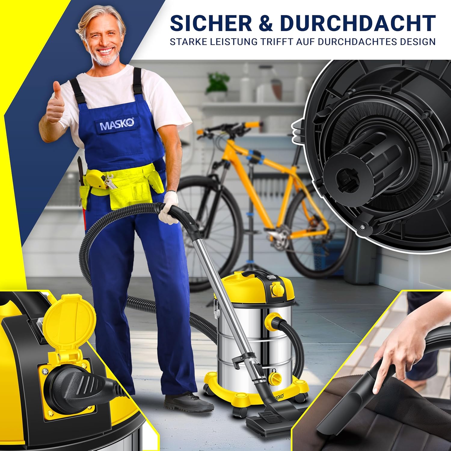 MASKO® Industriestaubsauger Staubsauger Nass Trocken Sauger Edelstahl 2300W + Steckdose, Blasfunktion, Saugschlauch & Nass-Saugen, Push&Clean, Industriesauger mit & ohne Beutel, Inkl Filter beutellos — Ansicht 6