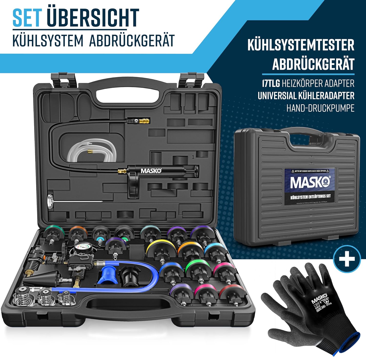 MASKO® Kühlsystem Tester & Abdrückgerät | Kühlerdruckprüfer Kühler Entlüftungsgerät 28-teilig inkl. universeller Kühleradapter, Vakuumpumpe & Zubehör | Kühlsystem-Nachfüll-Set für Auto, Van, SUV, LKW — Ansicht 2