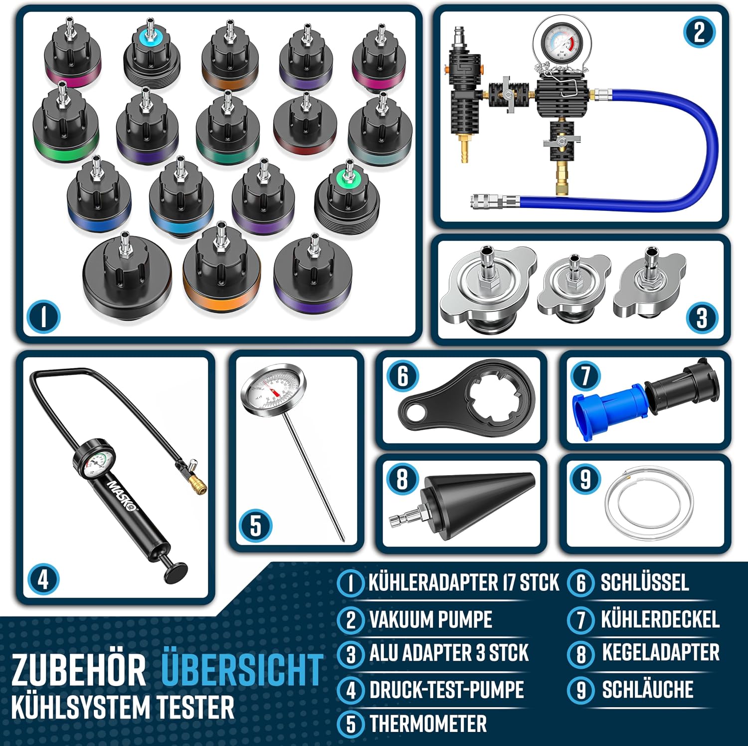 MASKO® Kühlsystem Tester & Abdrückgerät | Kühlerdruckprüfer Kühler Entlüftungsgerät 28-teilig inkl. universeller Kühleradapter, Vakuumpumpe & Zubehör | Kühlsystem-Nachfüll-Set für Auto, Van, SUV, LKW — Ansicht 3