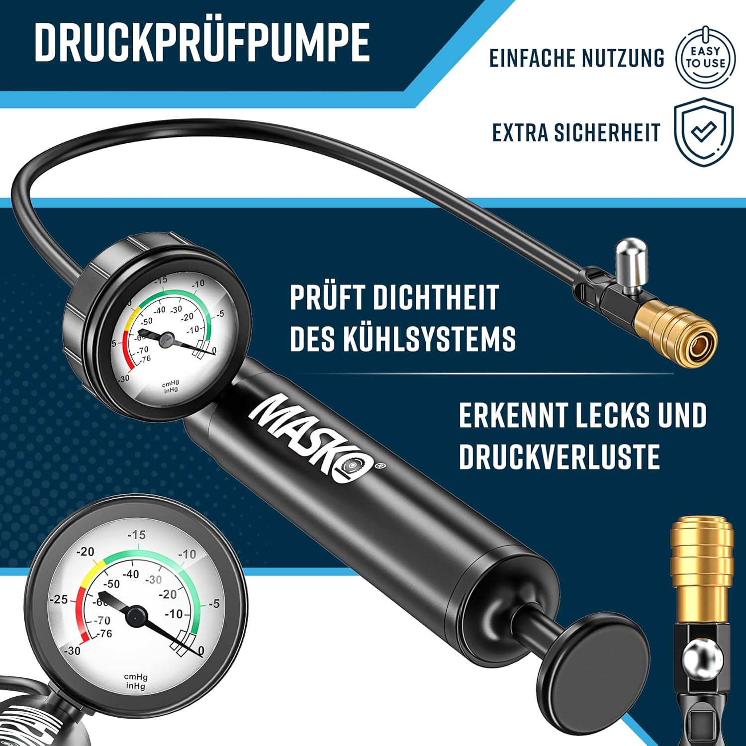 MASKO® Kühlsystem Tester & Abdrückgerät | Kühlerdruckprüfer Kühler Entlüftungsgerät 28-teilig inkl. universeller Kühleradapter, Vakuumpumpe & Zubehör | Kühlsystem-Nachfüll-Set für Auto, Van, SUV, LKW — Ansicht 4