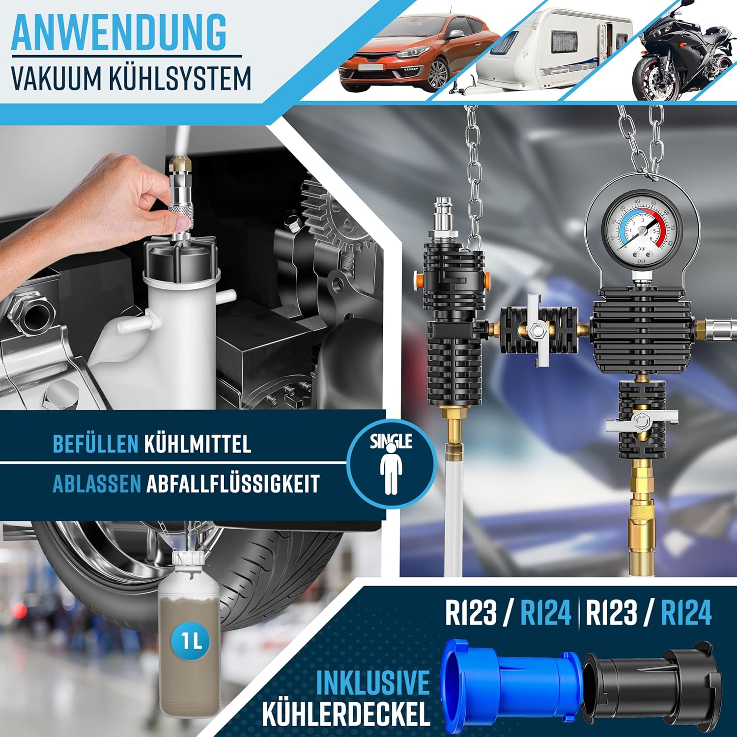 MASKO® Kühlsystem Tester & Abdrückgerät | Kühlerdruckprüfer Kühler Entlüftungsgerät 28-teilig inkl. universeller Kühleradapter, Vakuumpumpe & Zubehör | Kühlsystem-Nachfüll-Set für Auto, Van, SUV, LKW — Ansicht 5