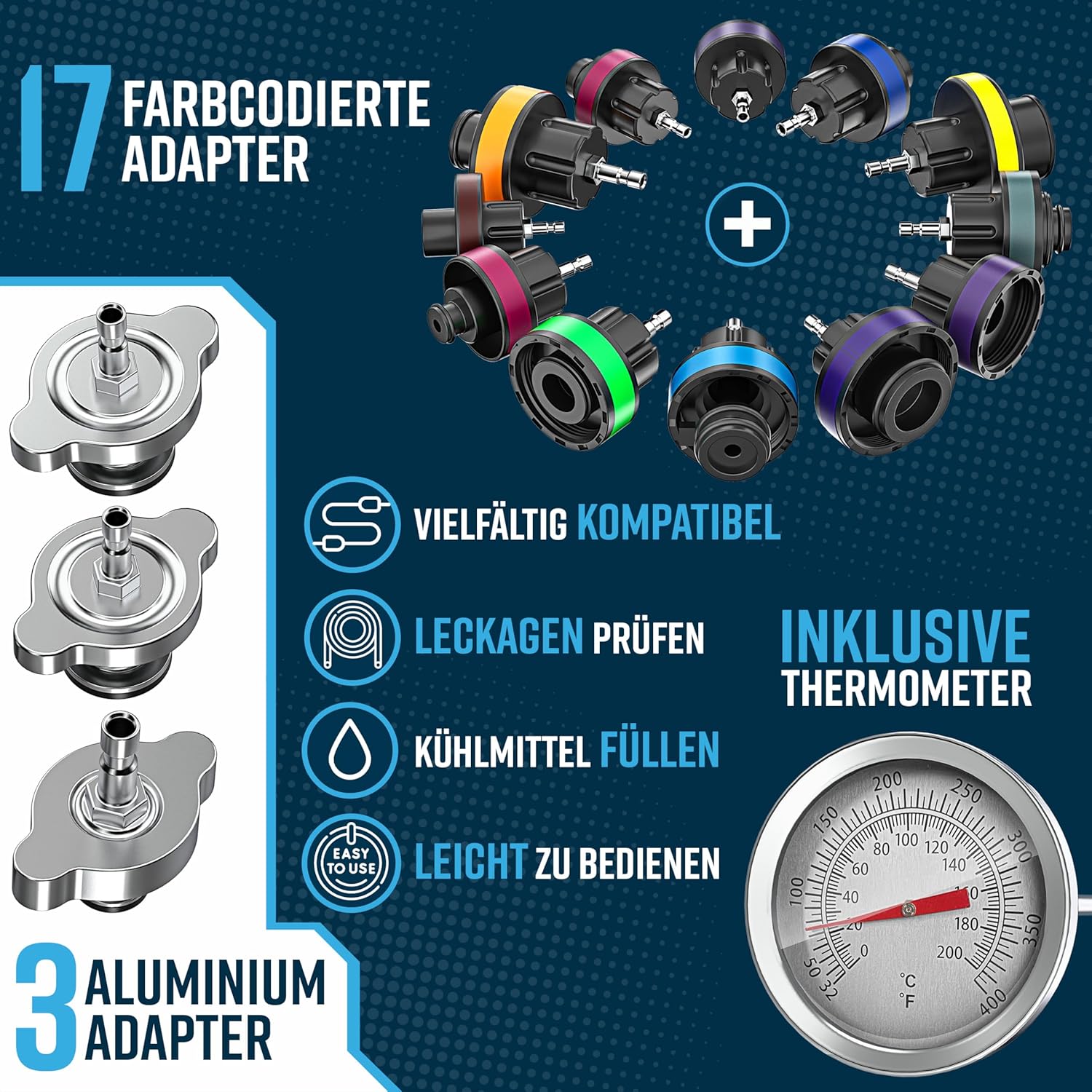 MASKO® Kühlsystem Tester & Abdrückgerät | Kühlerdruckprüfer Kühler Entlüftungsgerät 28-teilig inkl. universeller Kühleradapter, Vakuumpumpe & Zubehör | Kühlsystem-Nachfüll-Set für Auto, Van, SUV, LKW — Ansicht 6
