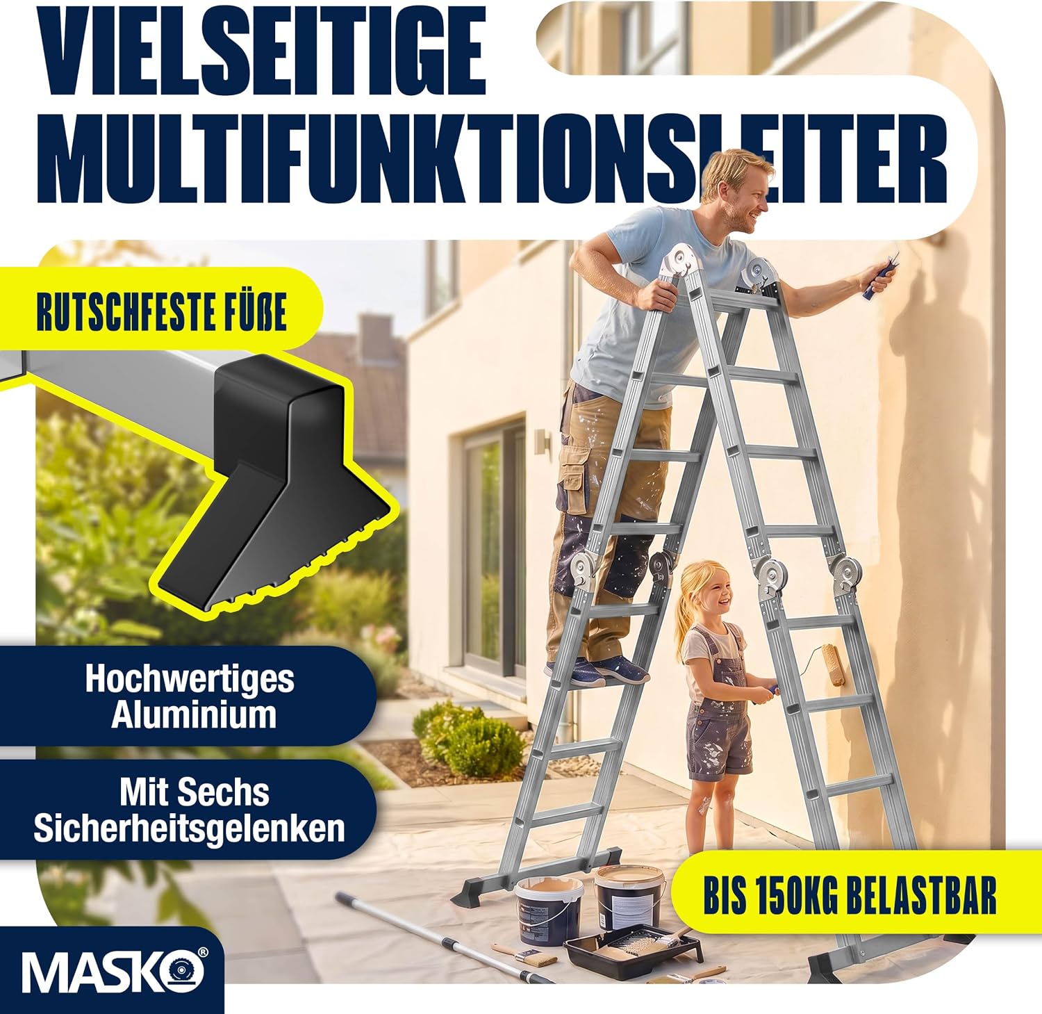 MASKO® Leiter Aluminium 4x4 Stufen, Mehrzweckleiter | - 470 cm | | 150 Kg belastbar, 6in1 multifunktional mit Verriegelung, Gelenkleiter, Anlegeleiter, beidseitige Steh- und Treppenleiter — Ansicht 2