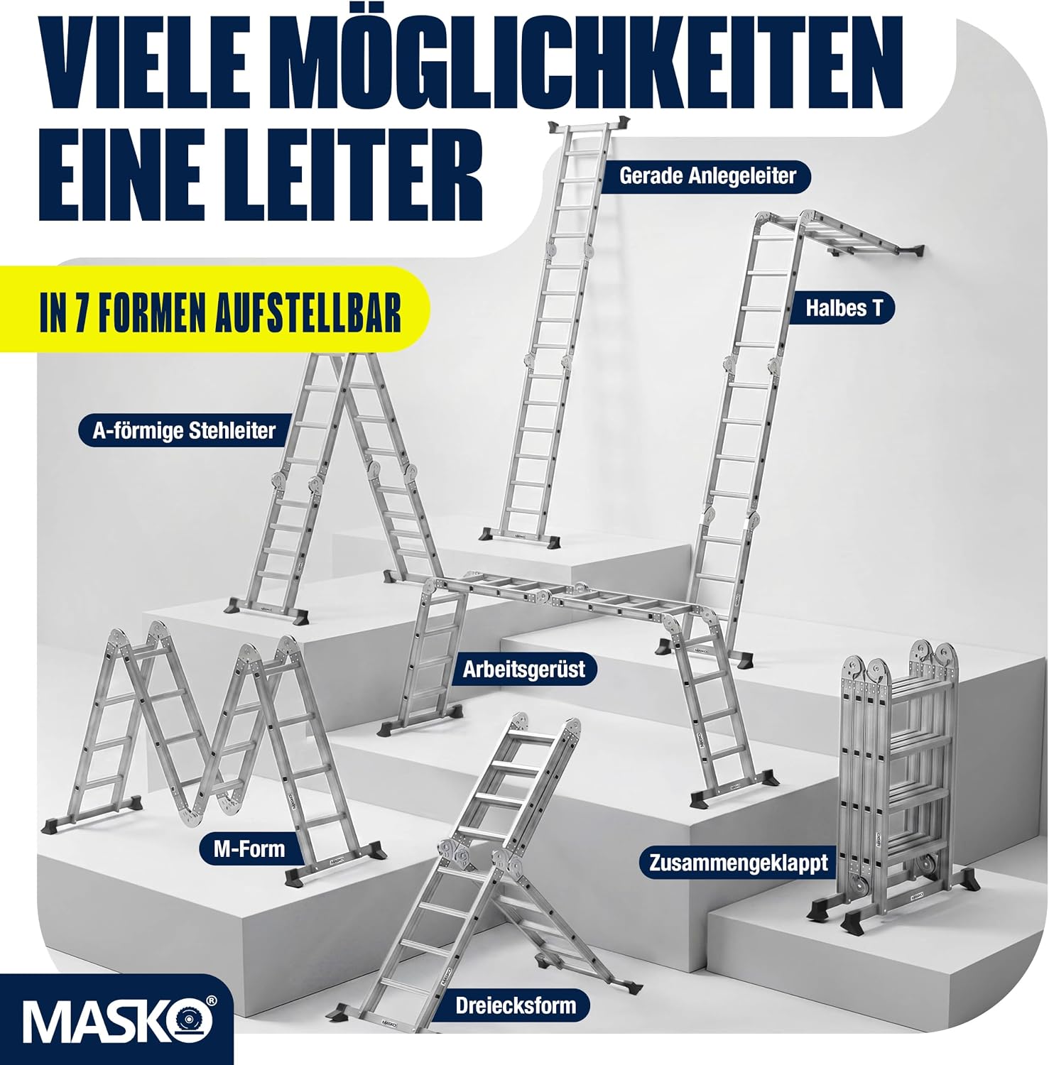 MASKO® Leiter Aluminium 4x4 Stufen, Mehrzweckleiter | - 470 cm | | 150 Kg belastbar, 6in1 multifunktional mit Verriegelung, Gelenkleiter, Anlegeleiter, beidseitige Steh- und Treppenleiter — Ansicht 4