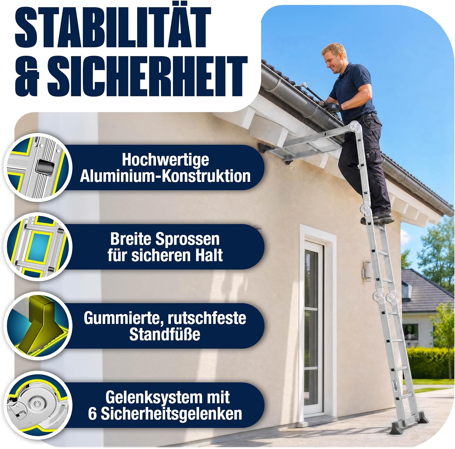 MASKO® Leiter Aluminium 4x4 Stufen, Mehrzweckleiter | - 470 cm | | 150 Kg belastbar, 6in1 multifunktional mit Verriegelung, Gelenkleiter, Anlegeleiter, beidseitige Steh- und Treppenleiter — Ansicht 5