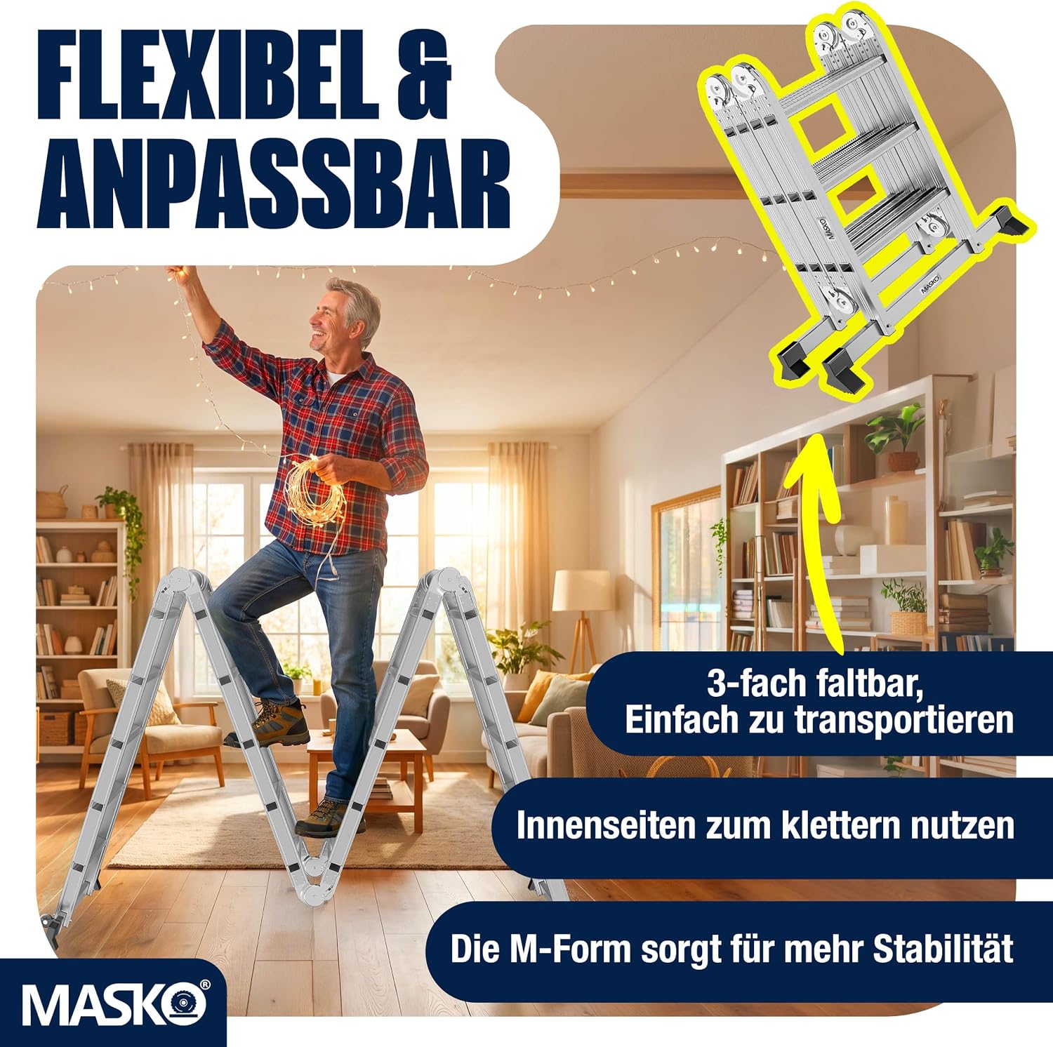 MASKO® Leiter Aluminium 4x4 Stufen, Mehrzweckleiter | - 470 cm | | 150 Kg belastbar, 6in1 multifunktional mit Verriegelung, Gelenkleiter, Anlegeleiter, beidseitige Steh- und Treppenleiter — Ansicht 6