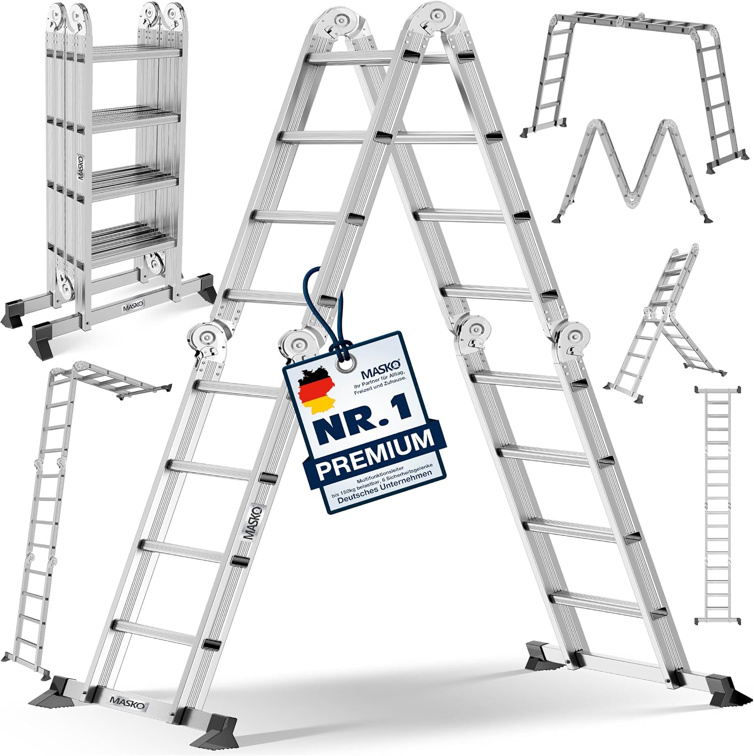 MASKO® Leiter Aluminium 4x4 Stufen, Mehrzweckleiter | - 470 cm | | 150 Kg belastbar, 6in1 multifunktional mit Verriegelung, Gelenkleiter, Anlegeleiter, beidseitige Steh- und Treppenleiter