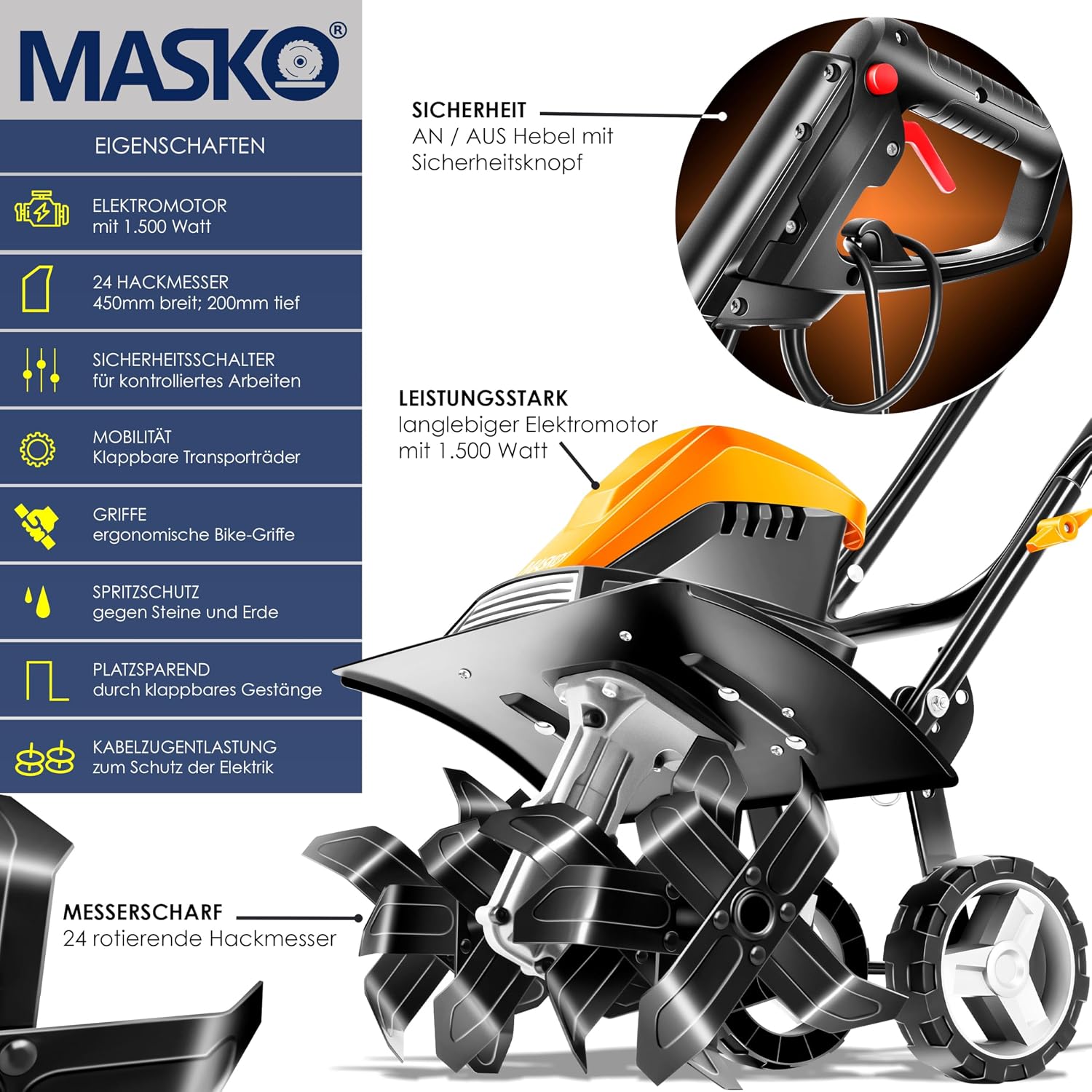 MASKO® Motorhacke elektrisch | Gartenfräse 1500 Watt 40cm Breite 20cm Tiefe | Bodenhacke Ackerfräse Kultivator | Elektro Hacke | klappbarer Handgriff Metallgehäuse | Transporträder & Zubehör | orange — Ansicht 2