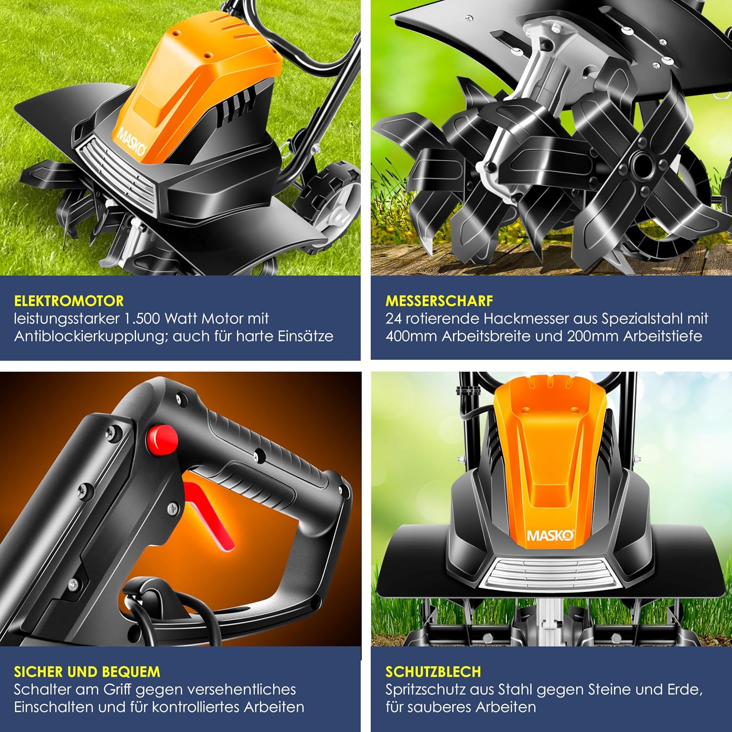 MASKO® Motorhacke elektrisch | Gartenfräse 1500 Watt 40cm Breite 20cm Tiefe | Bodenhacke Ackerfräse Kultivator | Elektro Hacke | klappbarer Handgriff Metallgehäuse | Transporträder & Zubehör | orange — Ansicht 3