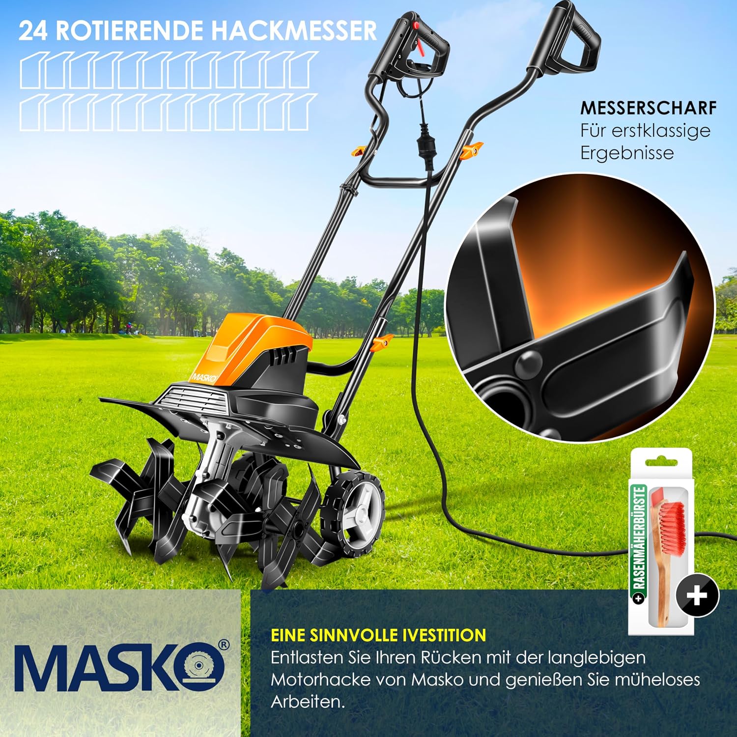 MASKO® Motorhacke elektrisch | Gartenfräse 1500 Watt 40cm Breite 20cm Tiefe | Bodenhacke Ackerfräse Kultivator | Elektro Hacke | klappbarer Handgriff Metallgehäuse | Transporträder & Zubehör | orange — Ansicht 4