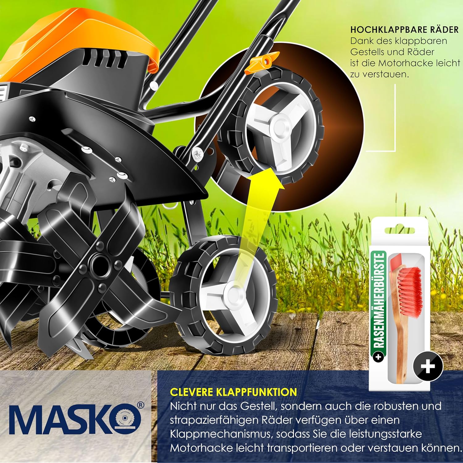 MASKO® Motorhacke elektrisch | Gartenfräse 1500 Watt 40cm Breite 20cm Tiefe | Bodenhacke Ackerfräse Kultivator | Elektro Hacke | klappbarer Handgriff Metallgehäuse | Transporträder & Zubehör | orange — Ansicht 5