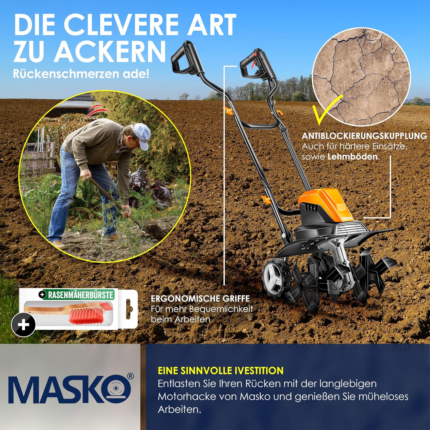 MASKO® Motorhacke elektrisch | Gartenfräse 1500 Watt 40cm Breite 20cm Tiefe | Bodenhacke Ackerfräse Kultivator | Elektro Hacke | klappbarer Handgriff Metallgehäuse | Transporträder & Zubehör | orange — Ansicht 6