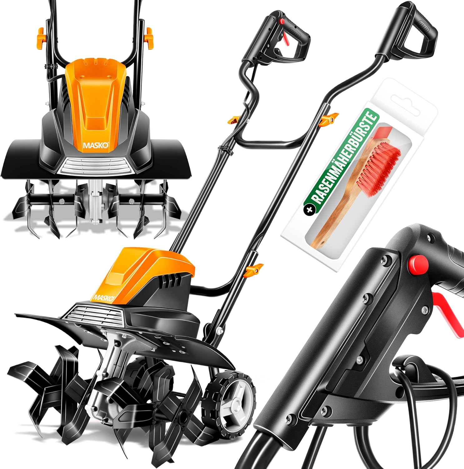 MASKO® Motorhacke elektrisch | Gartenfräse 1500 Watt 40cm Breite 20cm Tiefe | Bodenhacke Ackerfräse Kultivator | Elektro Hacke | klappbarer Handgriff Metallgehäuse | Transporträder & Zubehör | orange