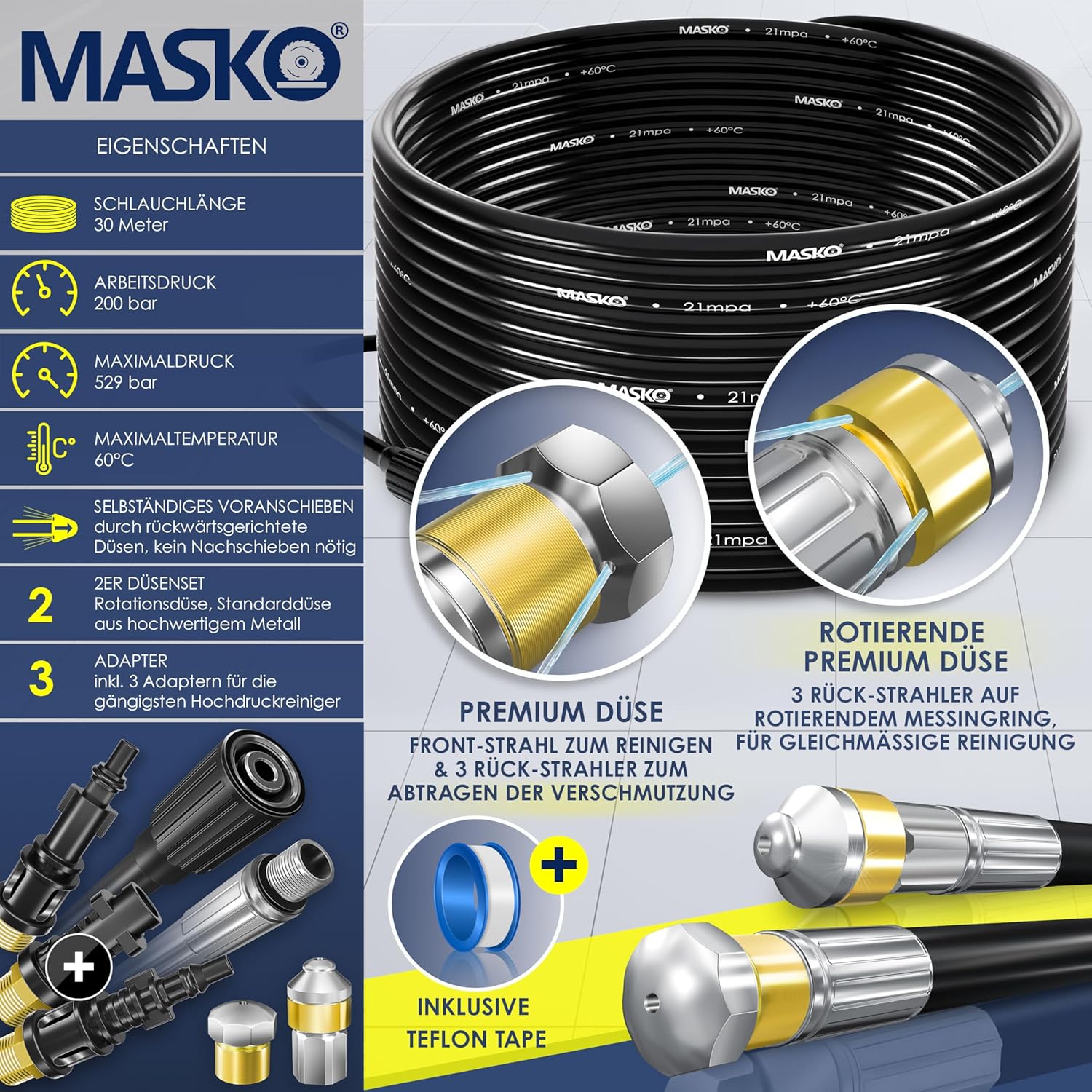 MASKO® Premium Rohrreinigungsschlauch Set Abflussreiniger 30m, 200 bar inkl. Isolierband, Tasche 3 Adapter 2 Düsen kompatibel mit Kärcher k2-k7 LAVOR Hochdruckreiniger Rohrreinigungsset + Handschuhe — Ansicht 2