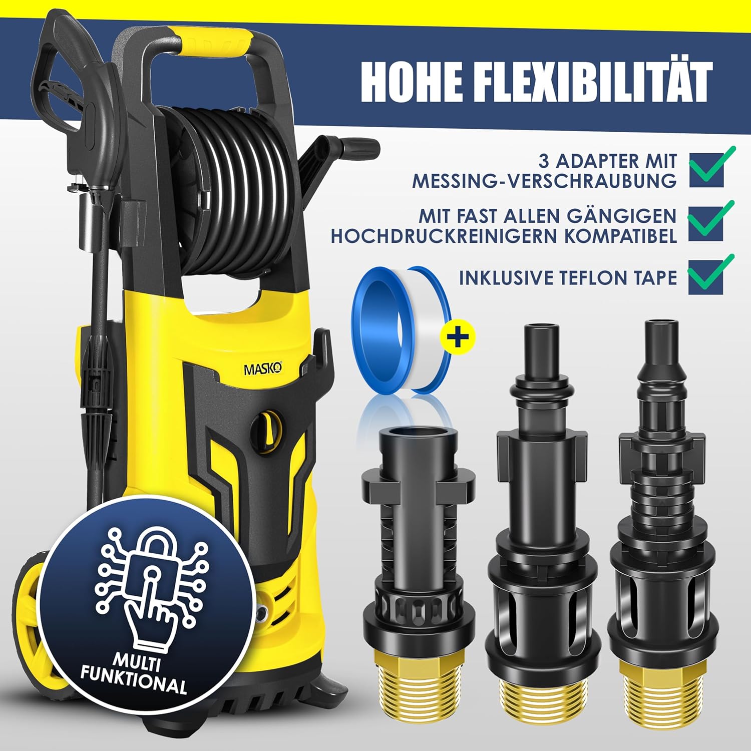 MASKO® Premium Rohrreinigungsschlauch Set Abflussreiniger 30m, 200 bar inkl. Isolierband, Tasche 3 Adapter 2 Düsen kompatibel mit Kärcher k2-k7 LAVOR Hochdruckreiniger Rohrreinigungsset + Handschuhe — Ansicht 3