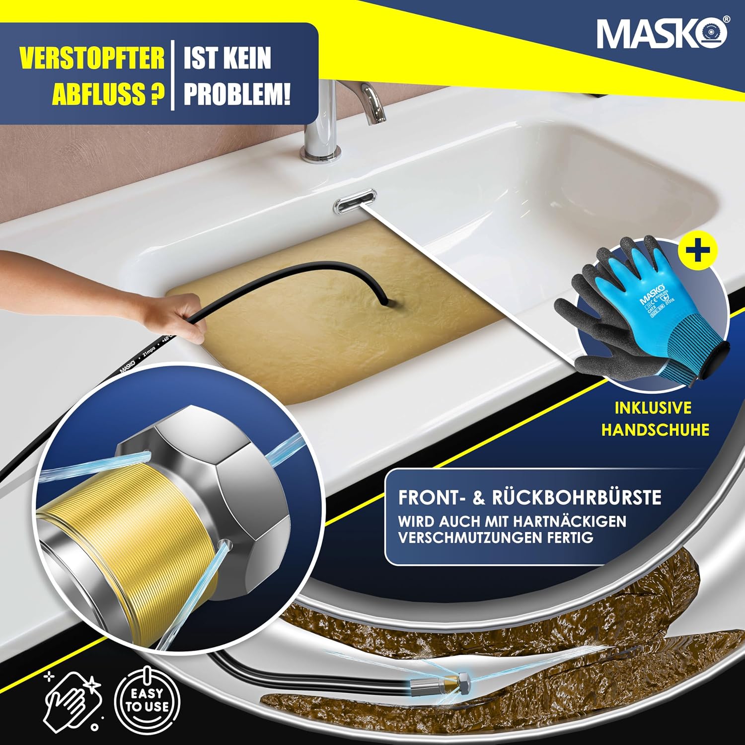 MASKO® Premium Rohrreinigungsschlauch Set Abflussreiniger 30m, 200 bar inkl. Isolierband, Tasche 3 Adapter 2 Düsen kompatibel mit Kärcher k2-k7 LAVOR Hochdruckreiniger Rohrreinigungsset + Handschuhe — Ansicht 5
