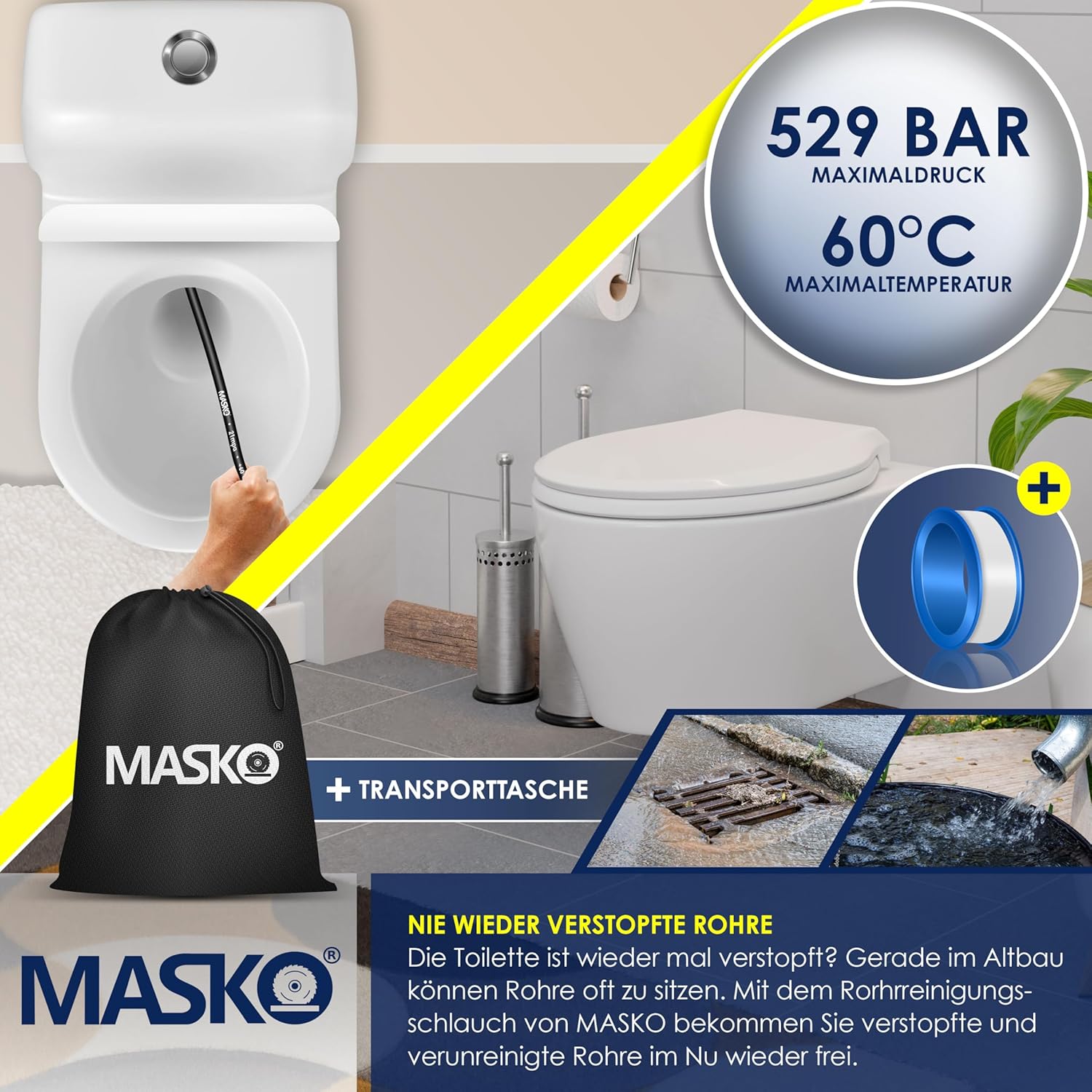 MASKO® Premium Rohrreinigungsschlauch Set Abflussreiniger 30m, 200 bar inkl. Isolierband, Tasche 3 Adapter 2 Düsen kompatibel mit Kärcher k2-k7 LAVOR Hochdruckreiniger Rohrreinigungsset + Handschuhe — Ansicht 6