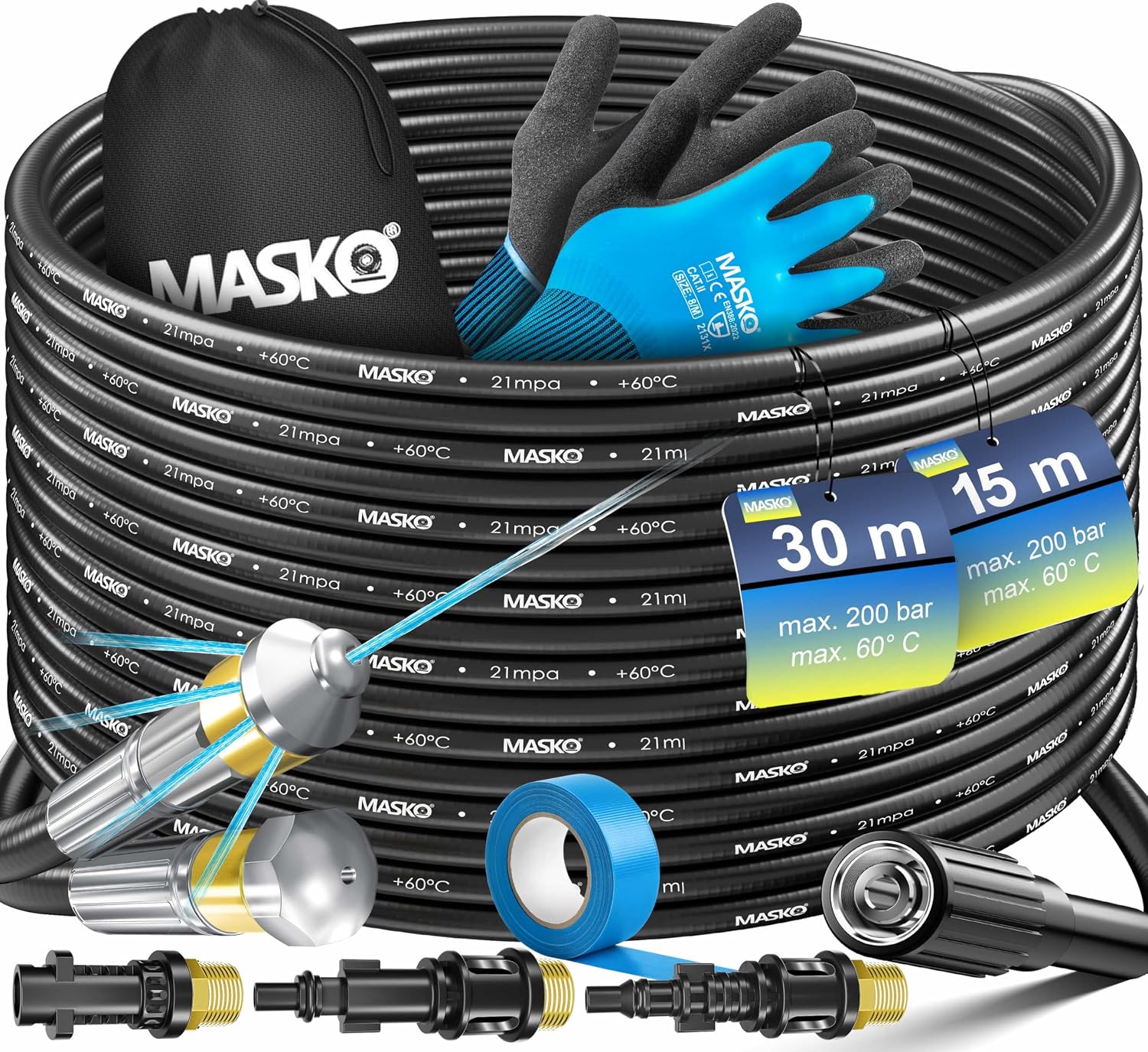 MASKO® Premium Rohrreinigungsschlauch Set Abflussreiniger 30m, 200 bar inkl. Isolierband, Tasche 3 Adapter 2 Düsen kompatibel mit Kärcher k2-k7 LAVOR Hochdruckreiniger Rohrreinigungsset + Handschuhe