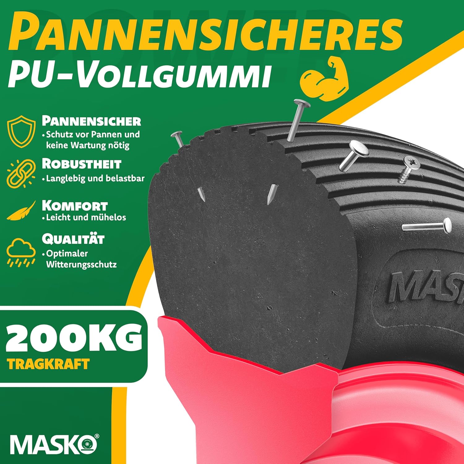 MASKO® PU Schubkarrenrad Vollgummi 200 kg 4.80/4.00-8 Ø 390mm Achse Ersatzrad Gummirad Stahlfelge Reifen pannensicher für Schubkarre Gartenkarren pannensicheres PU Rad inkl. Handschuhe, Schwarz/Rot — Ansicht 2