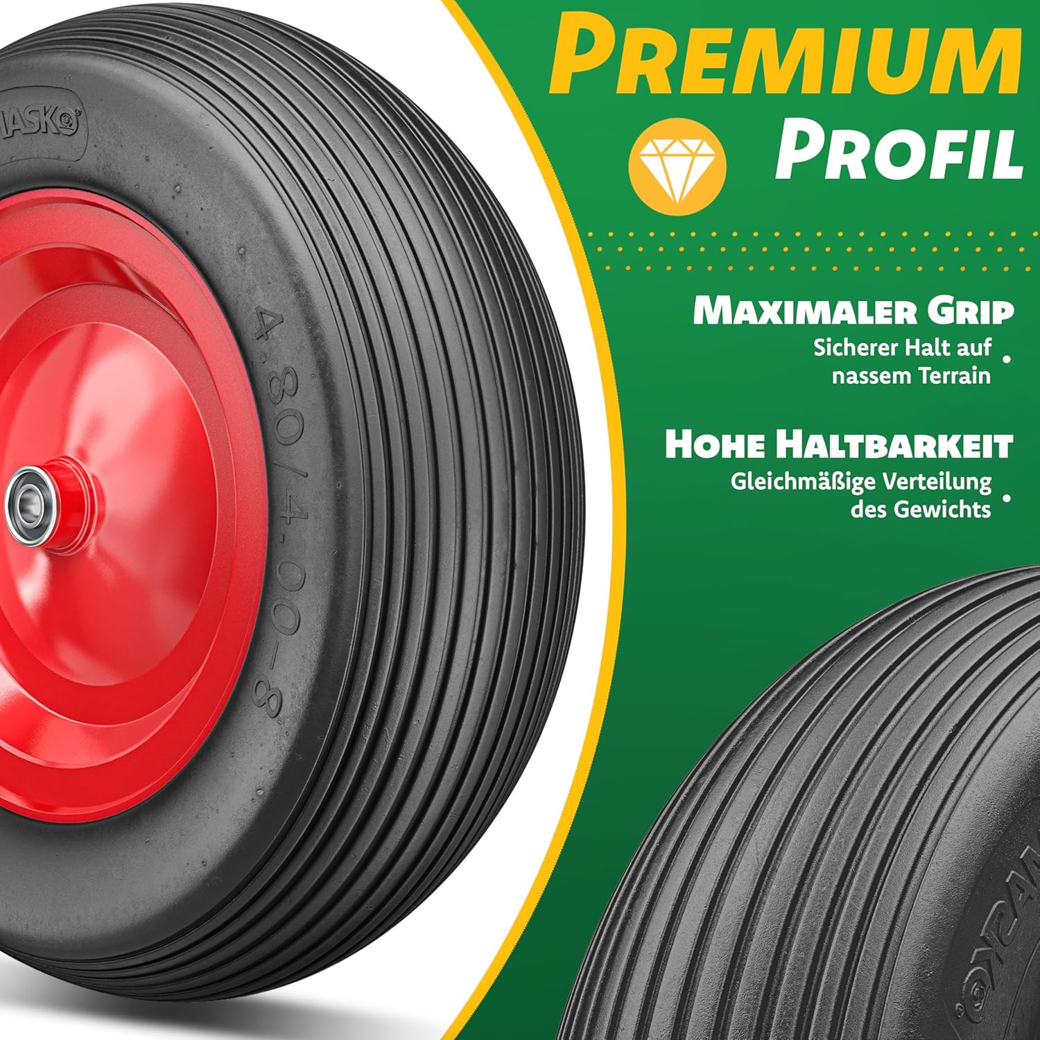 MASKO® PU Schubkarrenrad Vollgummi 200 kg 4.80/4.00-8 Ø 390mm Achse Ersatzrad Gummirad Stahlfelge Reifen pannensicher für Schubkarre Gartenkarren pannensicheres PU Rad inkl. Handschuhe, Schwarz/Rot — Ansicht 3