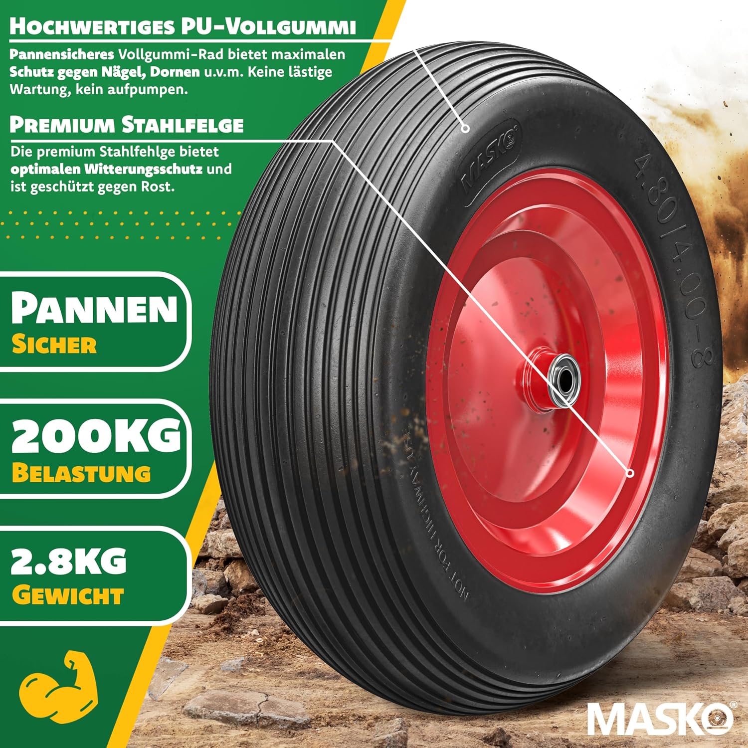 MASKO® PU Schubkarrenrad Vollgummi 200 kg 4.80/4.00-8 Ø 390mm Achse Ersatzrad Gummirad Stahlfelge Reifen pannensicher für Schubkarre Gartenkarren pannensicheres PU Rad inkl. Handschuhe, Schwarz/Rot — Ansicht 4