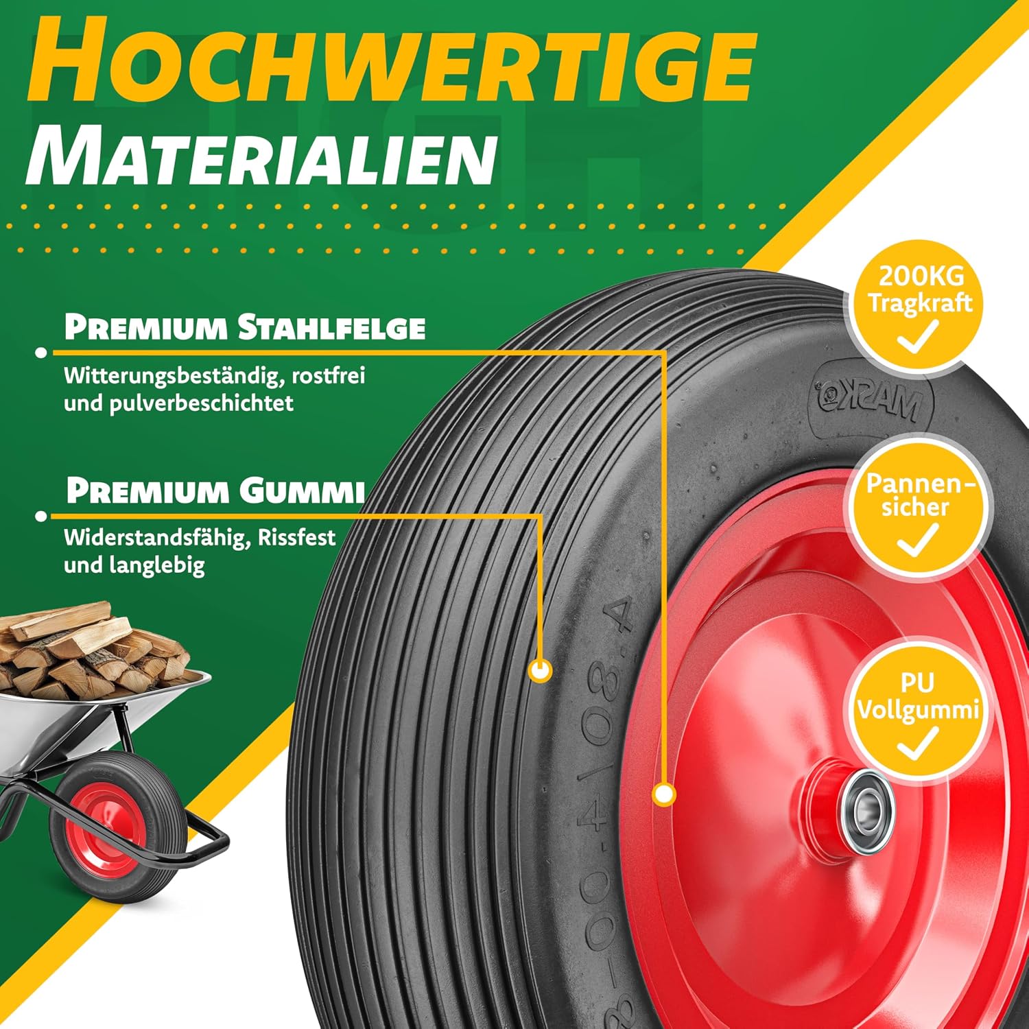 MASKO® PU Schubkarrenrad Vollgummi 200 kg 4.80/4.00-8 Ø 390mm Achse Ersatzrad Gummirad Stahlfelge Reifen pannensicher für Schubkarre Gartenkarren pannensicheres PU Rad inkl. Handschuhe, Schwarz/Rot — Ansicht 5