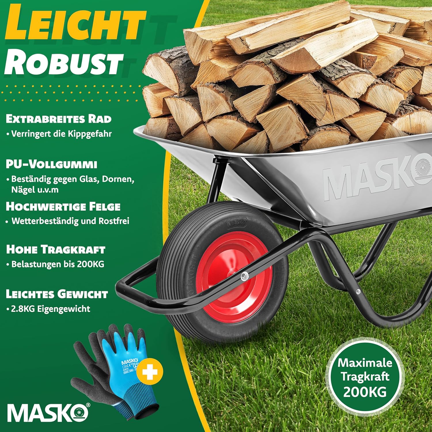 MASKO® PU Schubkarrenrad Vollgummi 200 kg 4.80/4.00-8 Ø 390mm Achse Ersatzrad Gummirad Stahlfelge Reifen pannensicher für Schubkarre Gartenkarren pannensicheres PU Rad inkl. Handschuhe, Schwarz/Rot — Ansicht 6