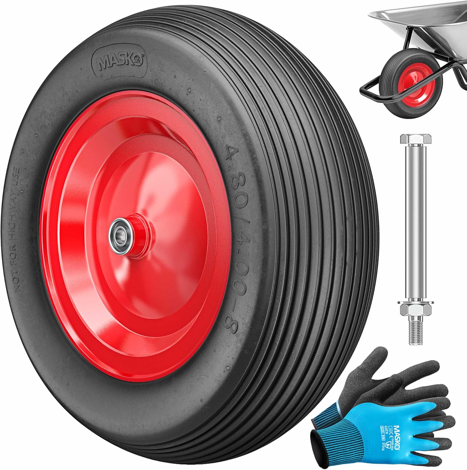 MASKO® PU Schubkarrenrad Vollgummi 200 kg 4.80/4.00-8 Ø 390mm Achse Ersatzrad Gummirad Stahlfelge Reifen pannensicher für Schubkarre Gartenkarren pannensicheres PU Rad inkl. Handschuhe, Schwarz/Rot