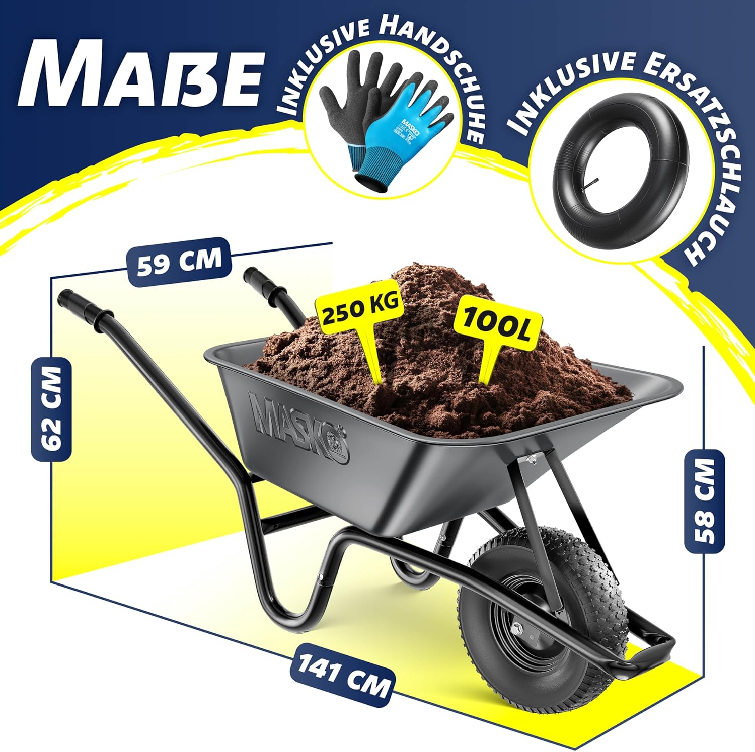 MASKO® Schubkarre Bauschubkarre Gartenschubkarre 100 Liter 250kg Luftreifen mit Stahlfelge + Ersatzschlauch Schubkarrenschlauch, verzinkt Stahlrahmen Garten Karre Schiebkarre Transportkarre Handschuhe — Ansicht 2