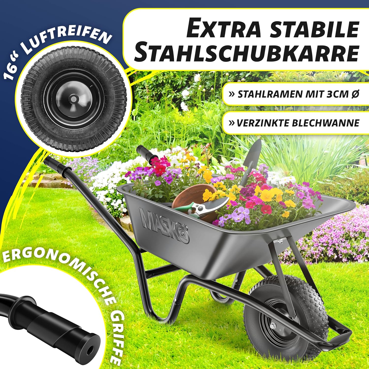 MASKO® Schubkarre Bauschubkarre Gartenschubkarre 100 Liter 250kg Luftreifen mit Stahlfelge + Ersatzschlauch Schubkarrenschlauch, verzinkt Stahlrahmen Garten Karre Schiebkarre Transportkarre Handschuhe — Ansicht 3