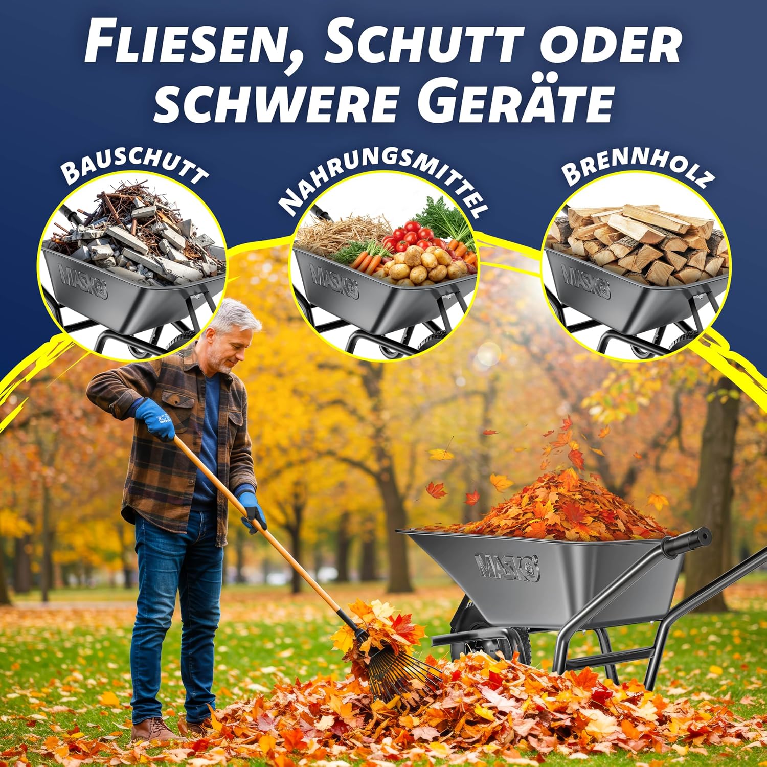 MASKO® Schubkarre Bauschubkarre Gartenschubkarre 100 Liter 250kg Luftreifen mit Stahlfelge + Ersatzschlauch Schubkarrenschlauch, verzinkt Stahlrahmen Garten Karre Schiebkarre Transportkarre Handschuhe — Ansicht 4